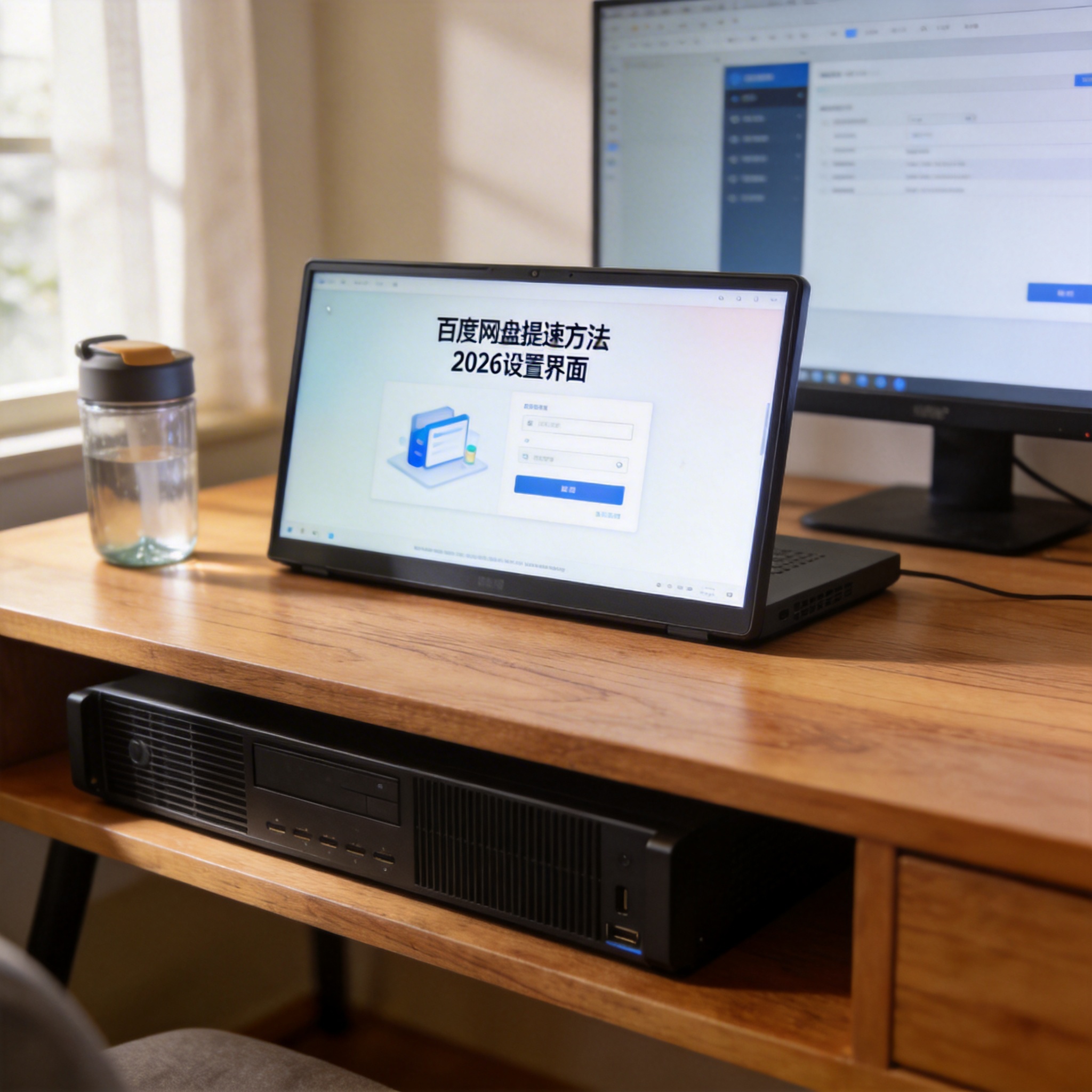 书桌上的主机，屏幕显示百度网盘提速方法 2026设置界面，桌角放着水杯，自然光