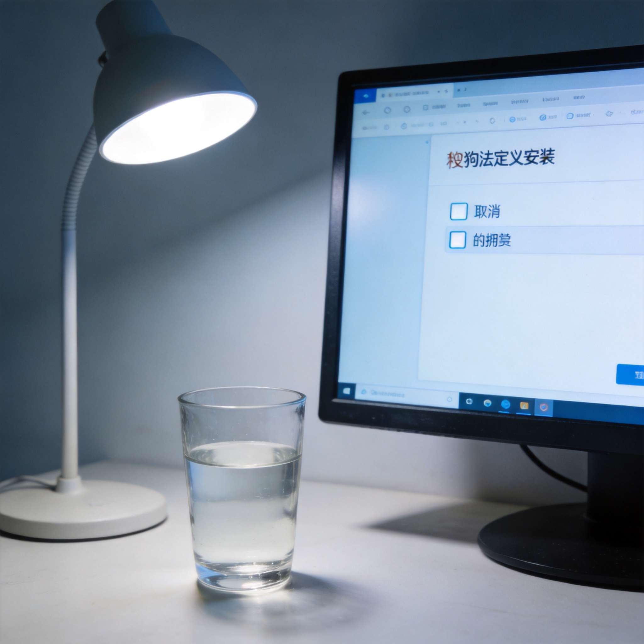 电脑屏幕显示搜狗输入法自定义安装界面，界面上有取消勾选的捆绑选项，旁边放着半杯白水，台灯冷光