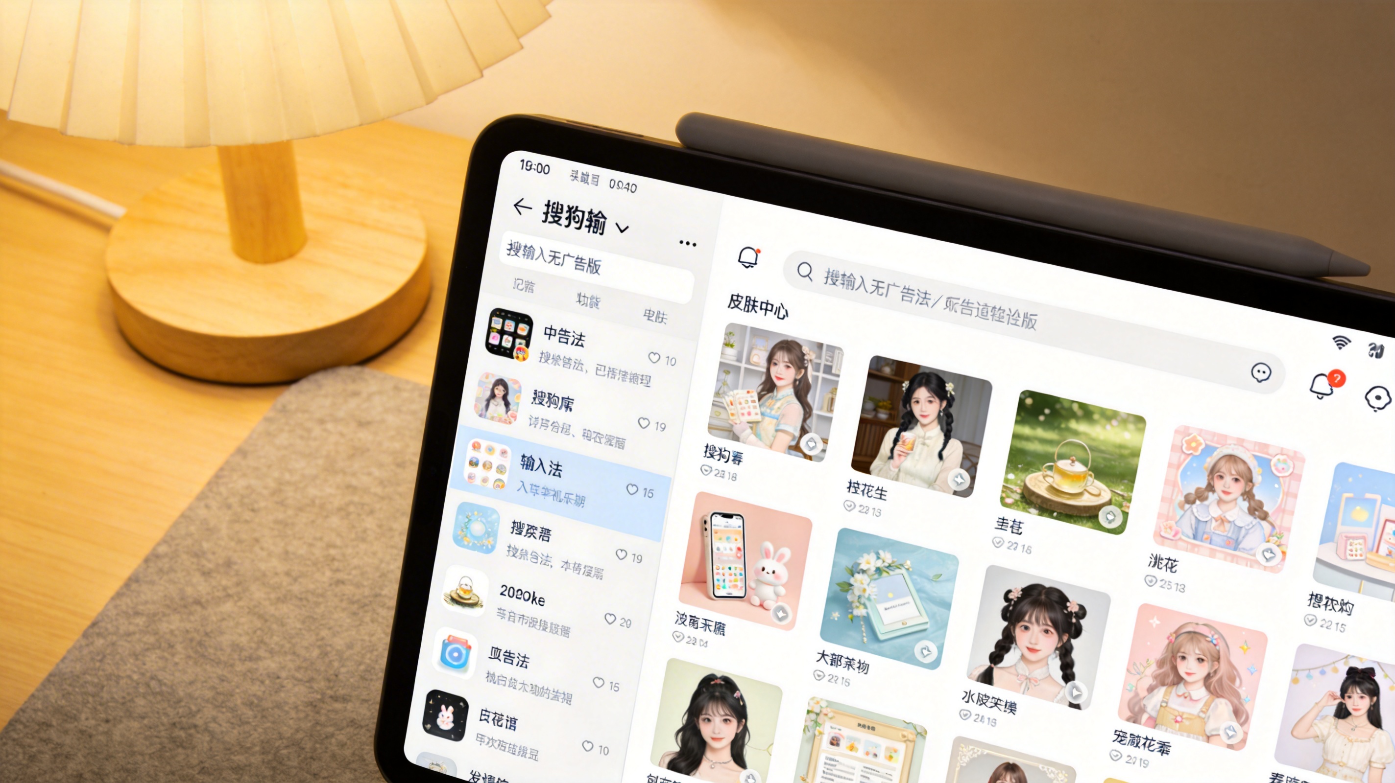 电脑屏幕显示搜狗输入法无广告版的皮肤中心界面，桌面铺着浅灰色桌垫，台灯暖光