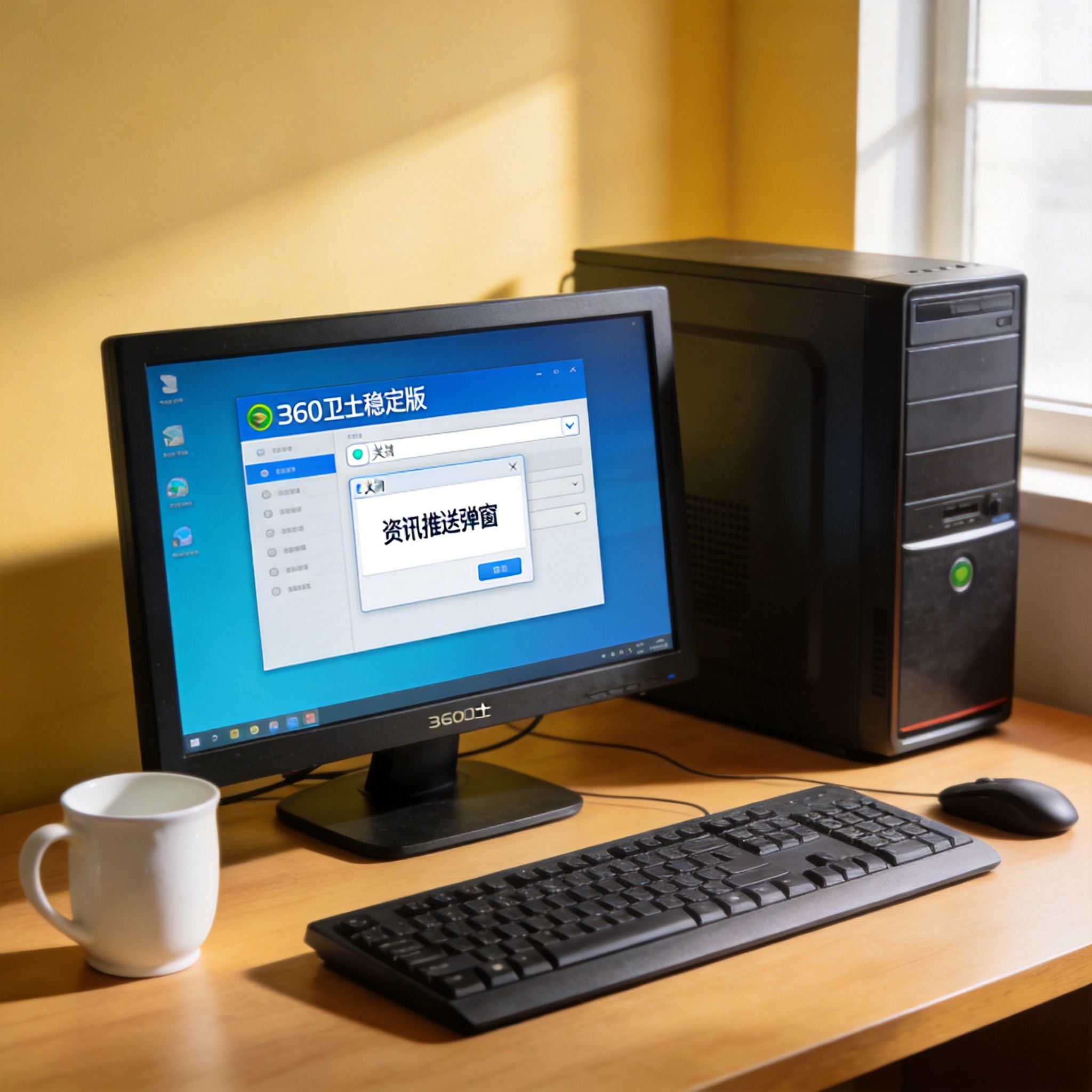 电脑桌前的台式电脑，屏幕显示360卫士稳定版的设置界面，正在关闭资讯推送弹窗选项，旁边放着陶瓷水杯，室内自然光