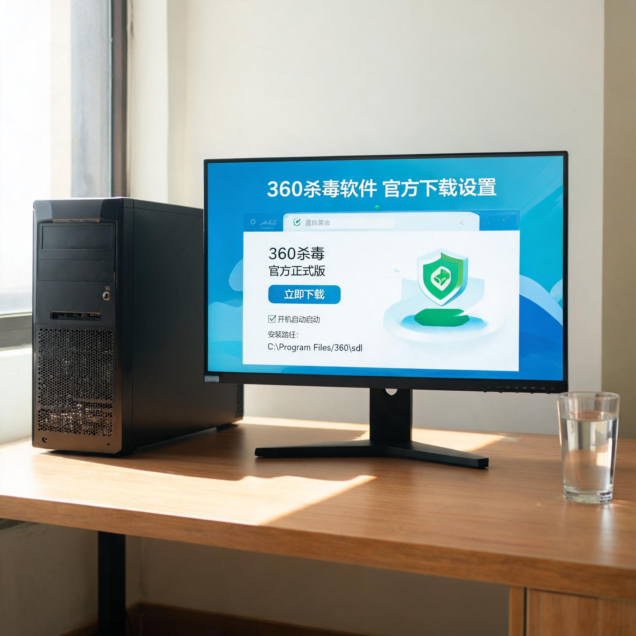 书桌上的主机，屏幕显示360 杀毒软件官方下载设置界面，桌角放着水杯，自然光