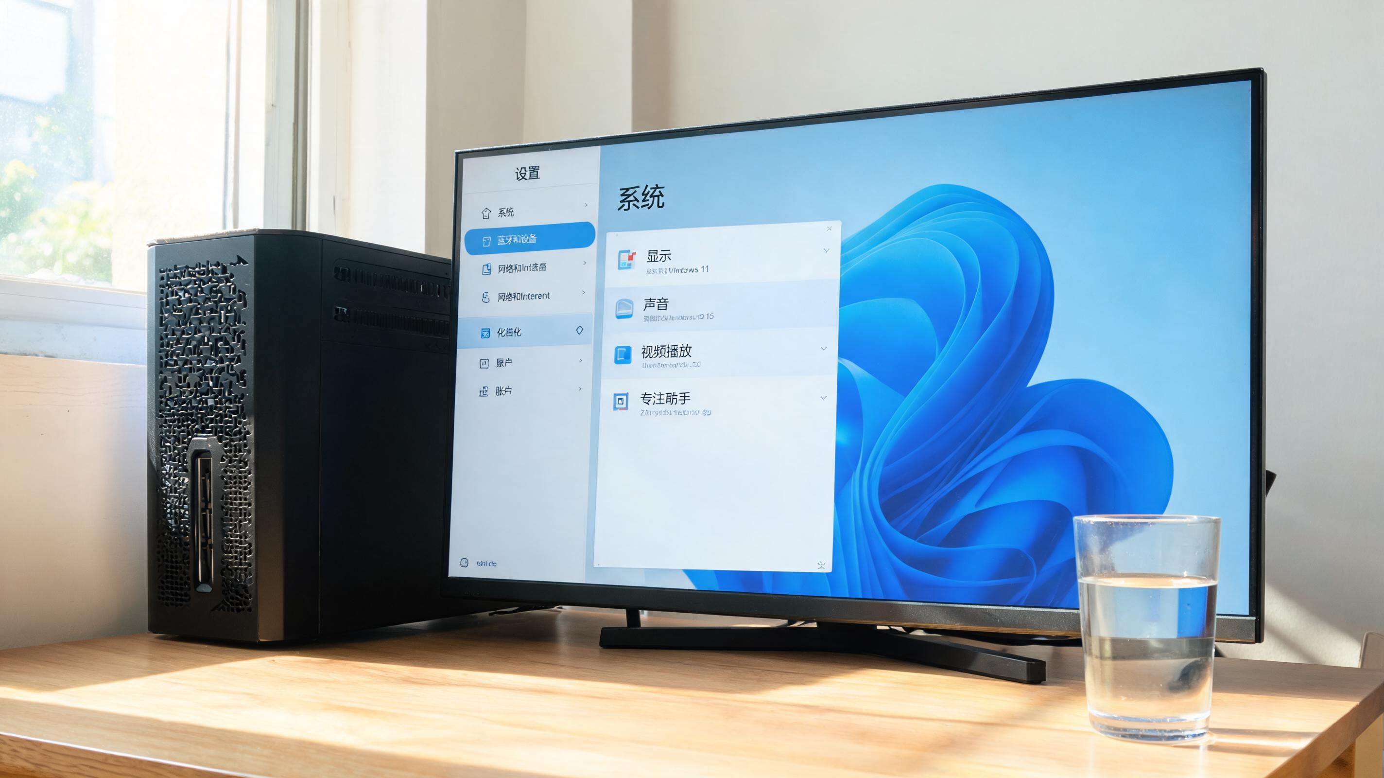 书桌上的主机，屏幕显示Windows设置界面，桌角放着水杯，自然光