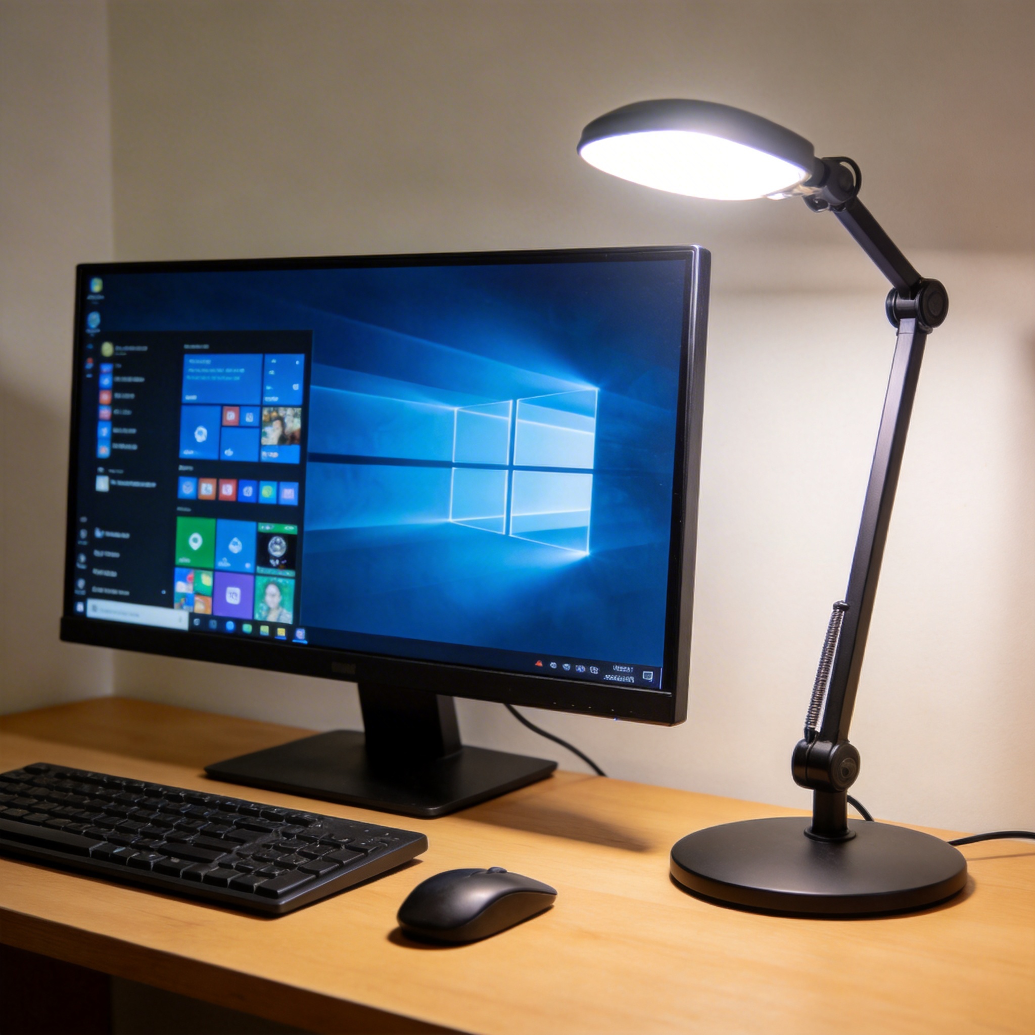 电脑桌上的电脑，屏幕显示Windows界面，旁边放着台灯