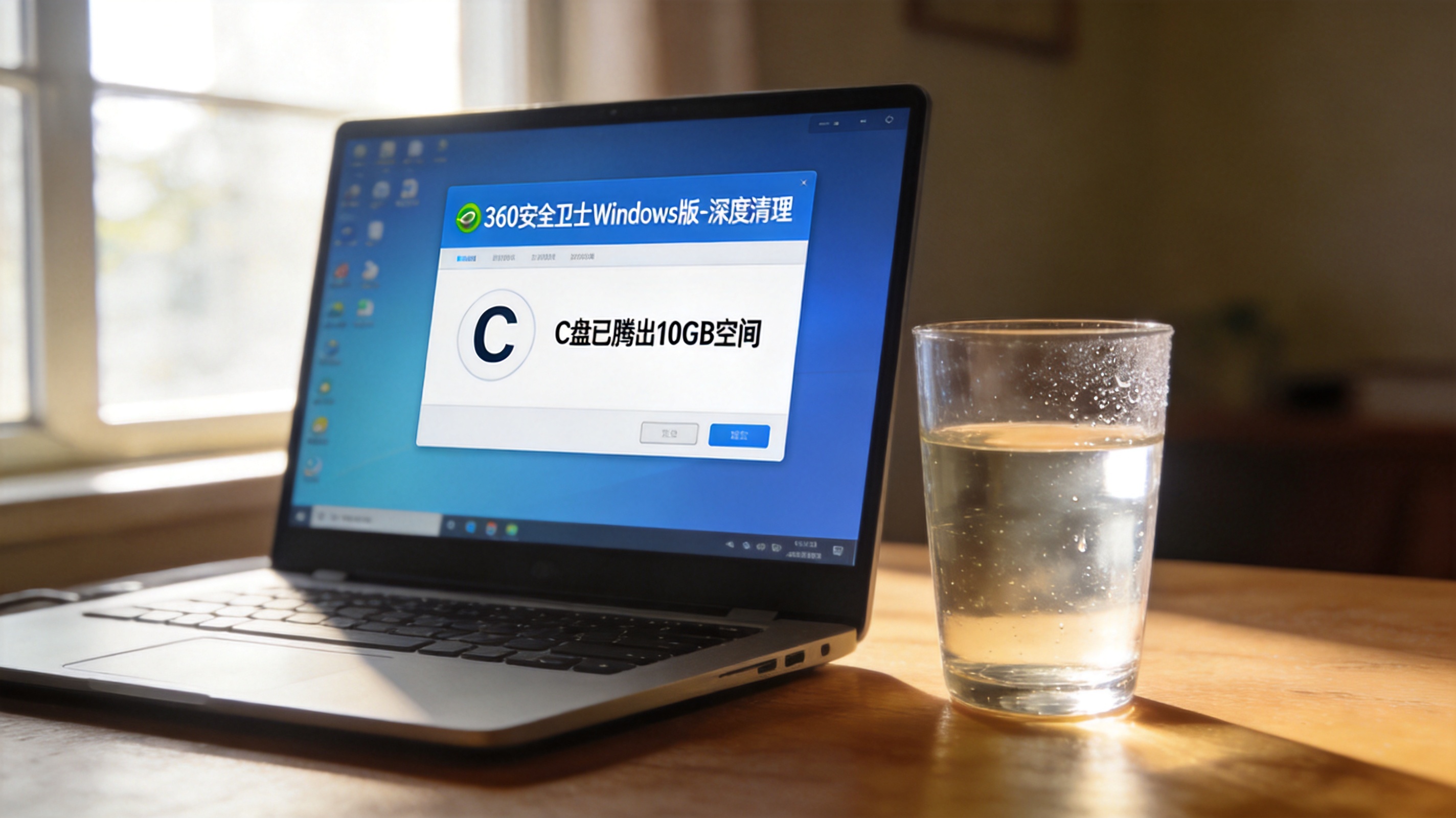 电脑桌面显示360安全卫士Windows版的深度清理界面，标注C盘已腾出10GB空间，旁边放着半杯温水，室内自然光