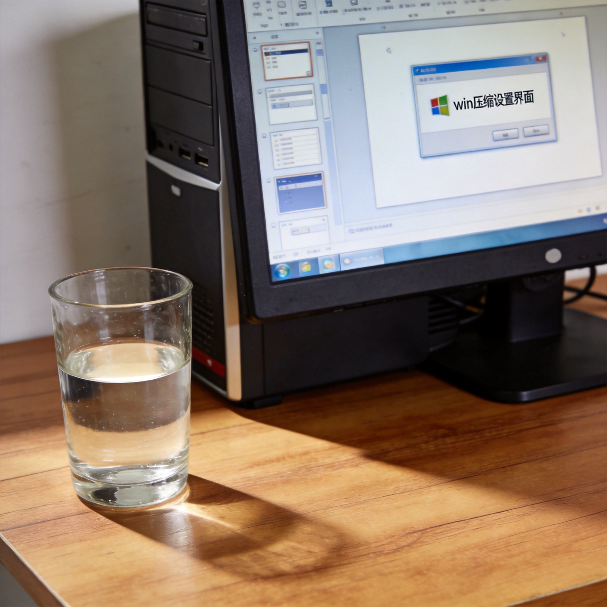 书桌上的主机，屏幕显示win压缩设置界面，桌角放着水杯，自然光