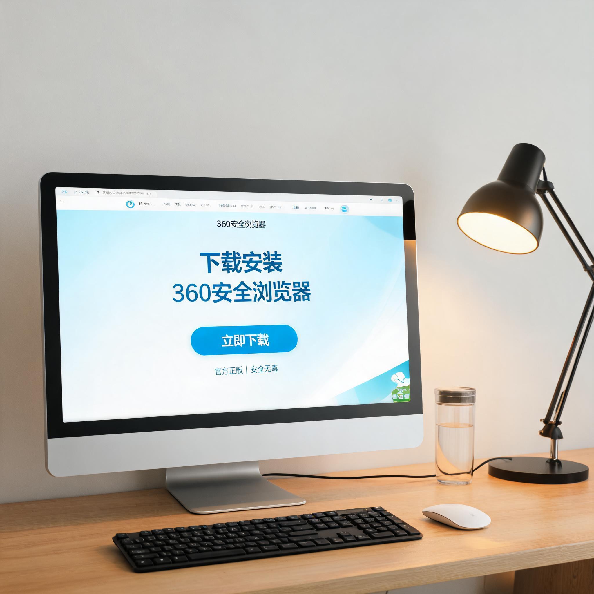 电脑桌上的电脑，屏幕显示360 安全浏览器怎么下载安装界面，旁边放着台灯