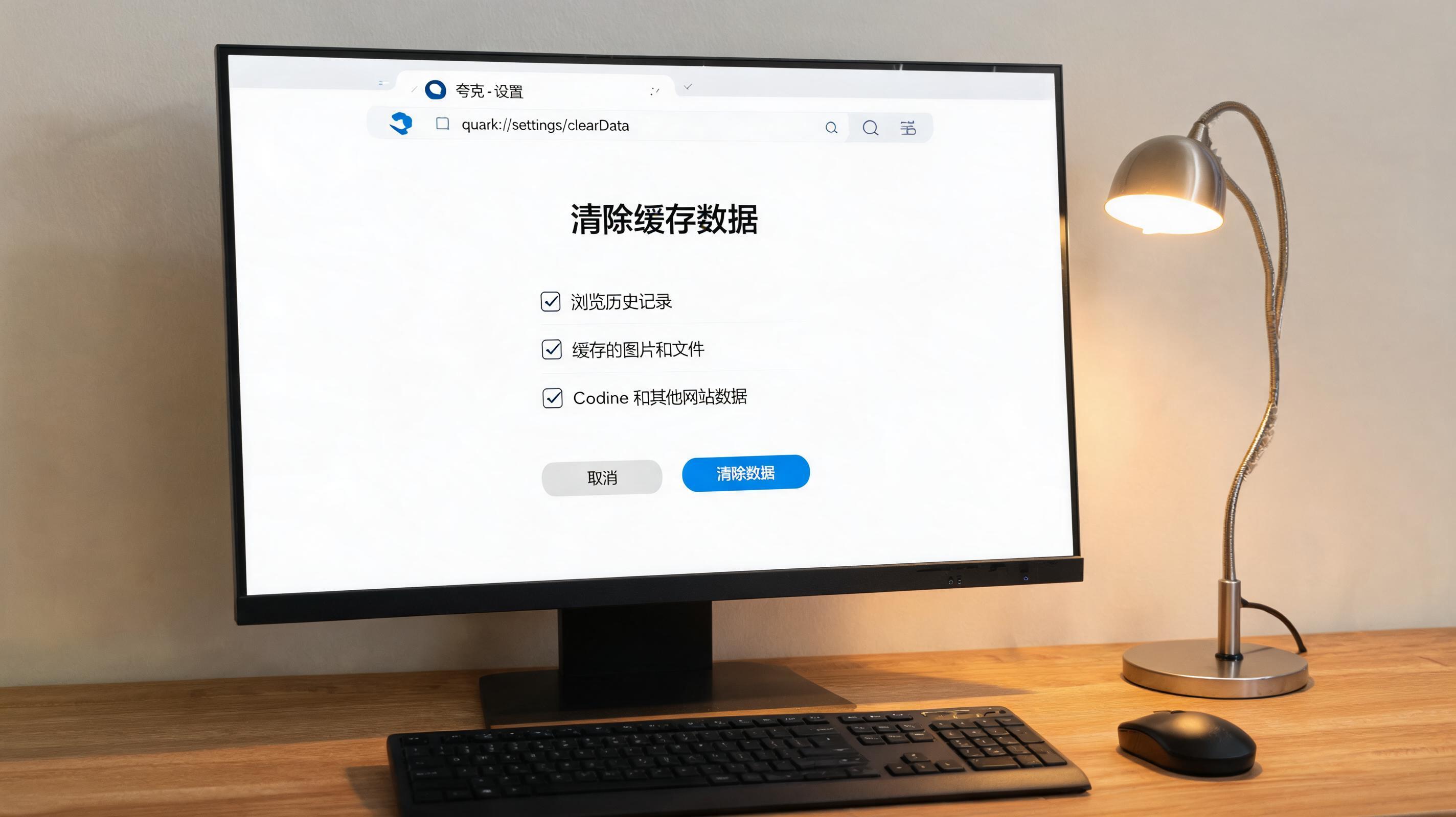 电脑桌上的电脑，屏幕显示夸克浏览器怎么清除缓存数据界面，旁边放着台灯