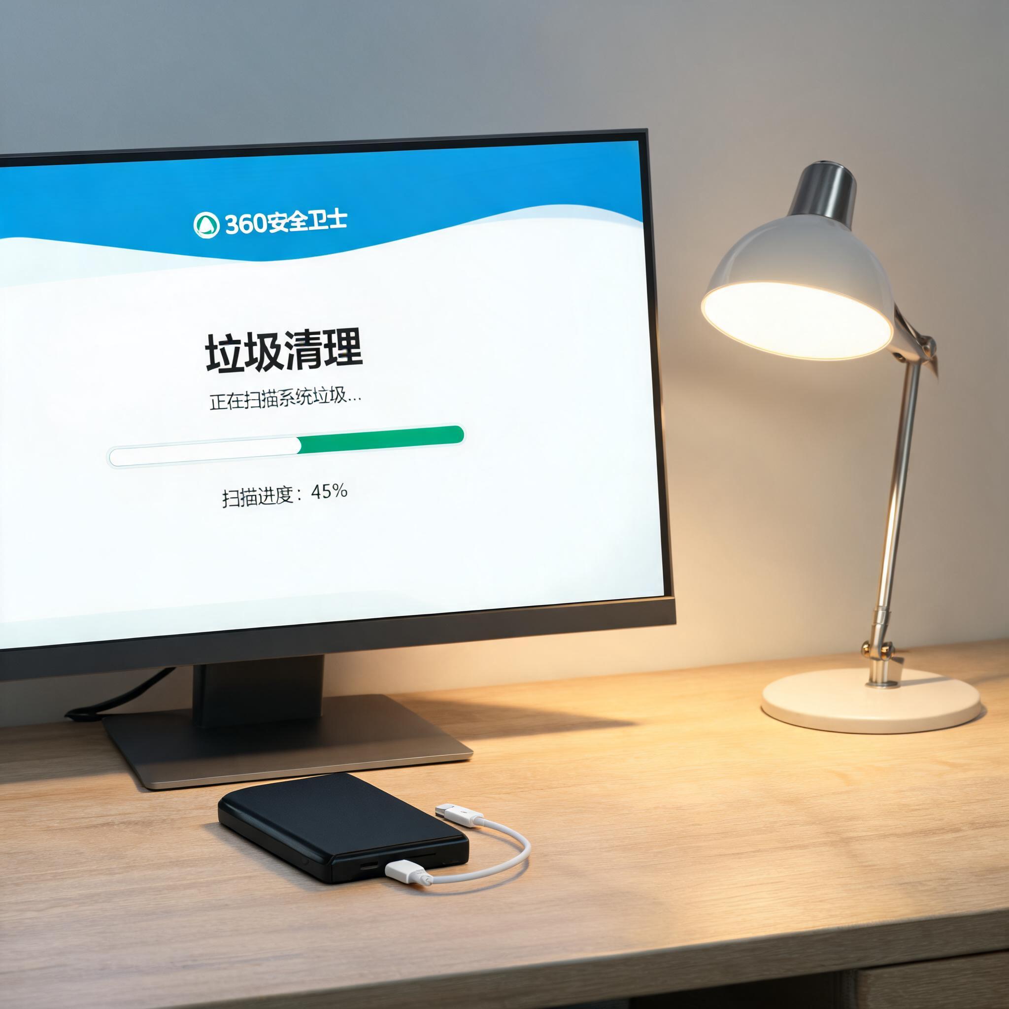 电脑桌上的硬盘，屏幕显示360 安全卫士垃圾清理界面，旁边放着台灯