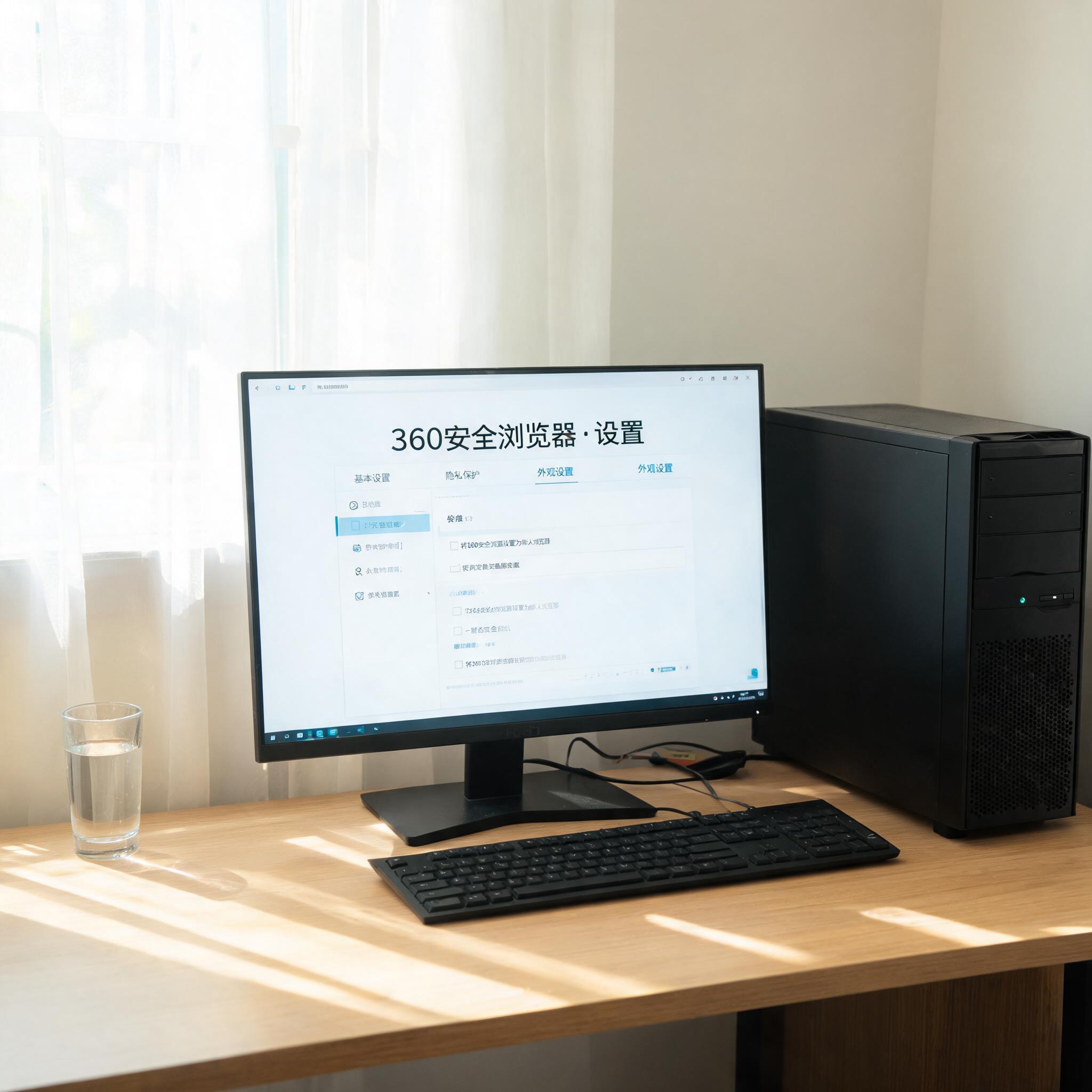 书桌上的主机，屏幕显示纯净版 360 安全浏览器设置界面，桌角放着水杯，自然光