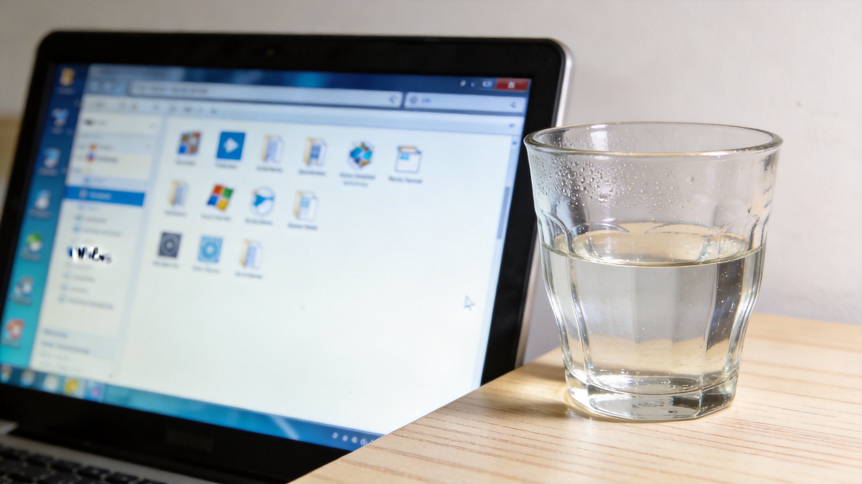 书桌上的屏幕，屏幕显示Windows设置界面，桌角放着水杯，自然光