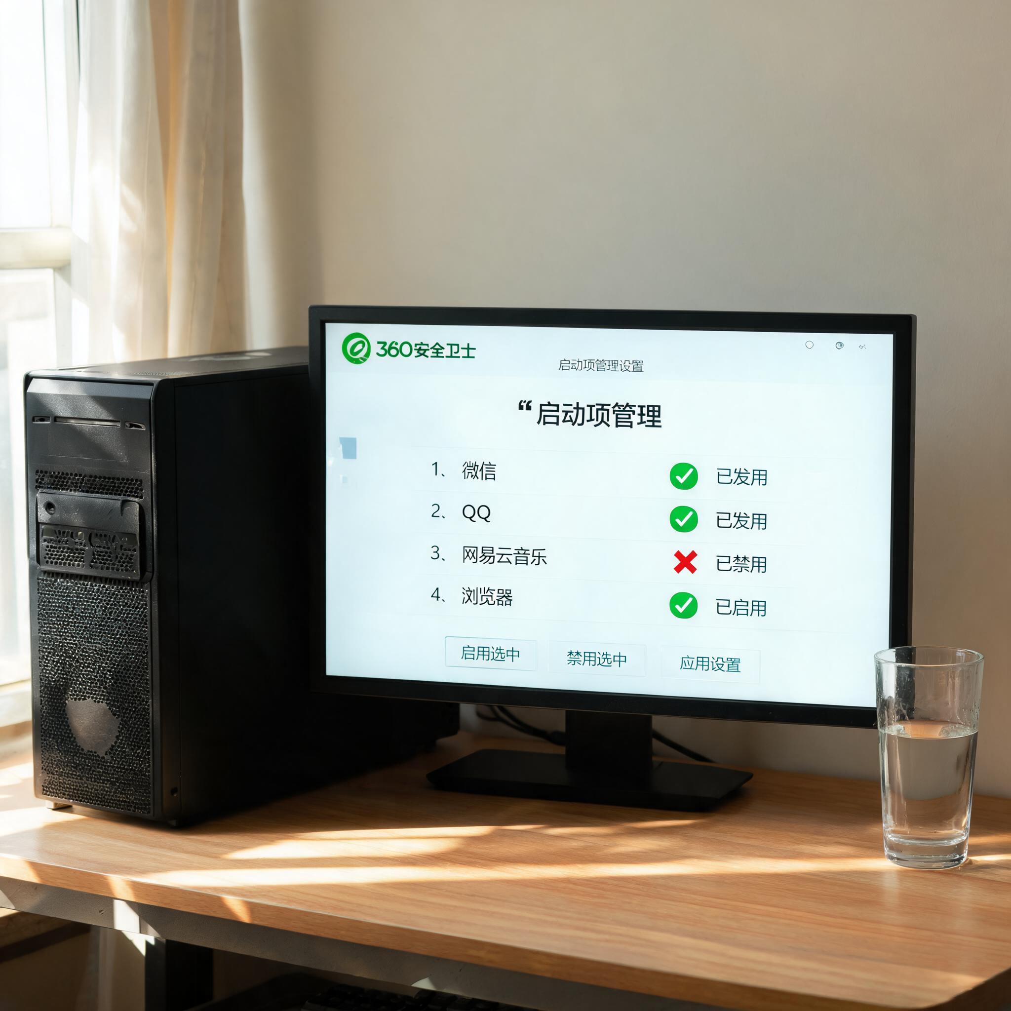 书桌上的主机，屏幕显示360 卫士启动项管理设置界面，桌角放着水杯，自然光