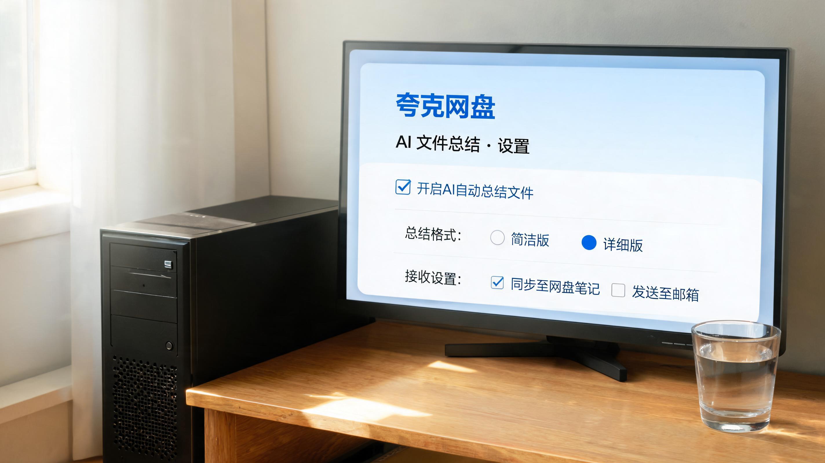 书桌上的主机，屏幕显示夸克网盘 AI 文件总结功能设置界面，桌角放着水杯，自然光