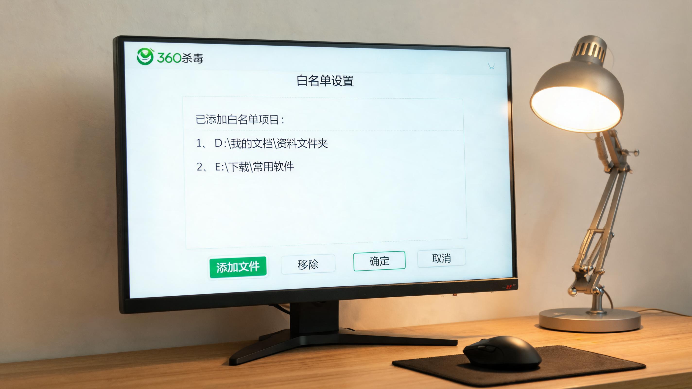 电脑桌上的电脑，屏幕显示360 杀毒软件白名单设置界面，旁边放着台灯