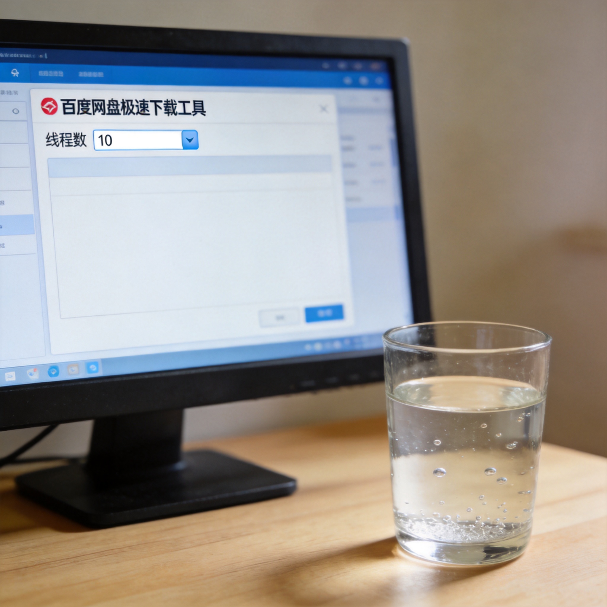 桌面的电脑屏幕显示百度网盘极速下载工具的分段任务设置界面，线程数设为10，旁边放着半杯常温饮用水，室内自然光