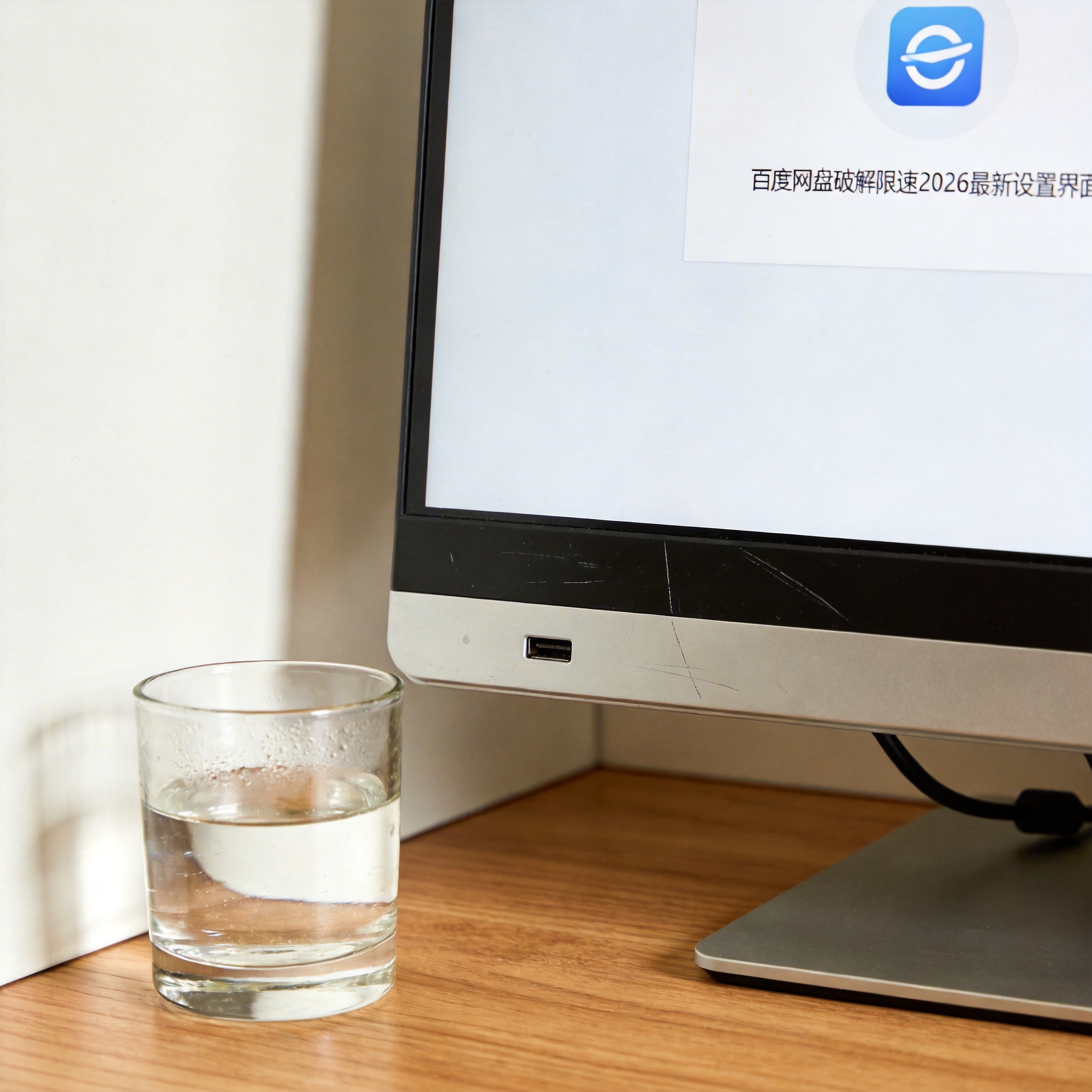 书桌上的主机，屏幕显示百度网盘破解限速 2026 最新设置界面，桌角放着水杯，自然光