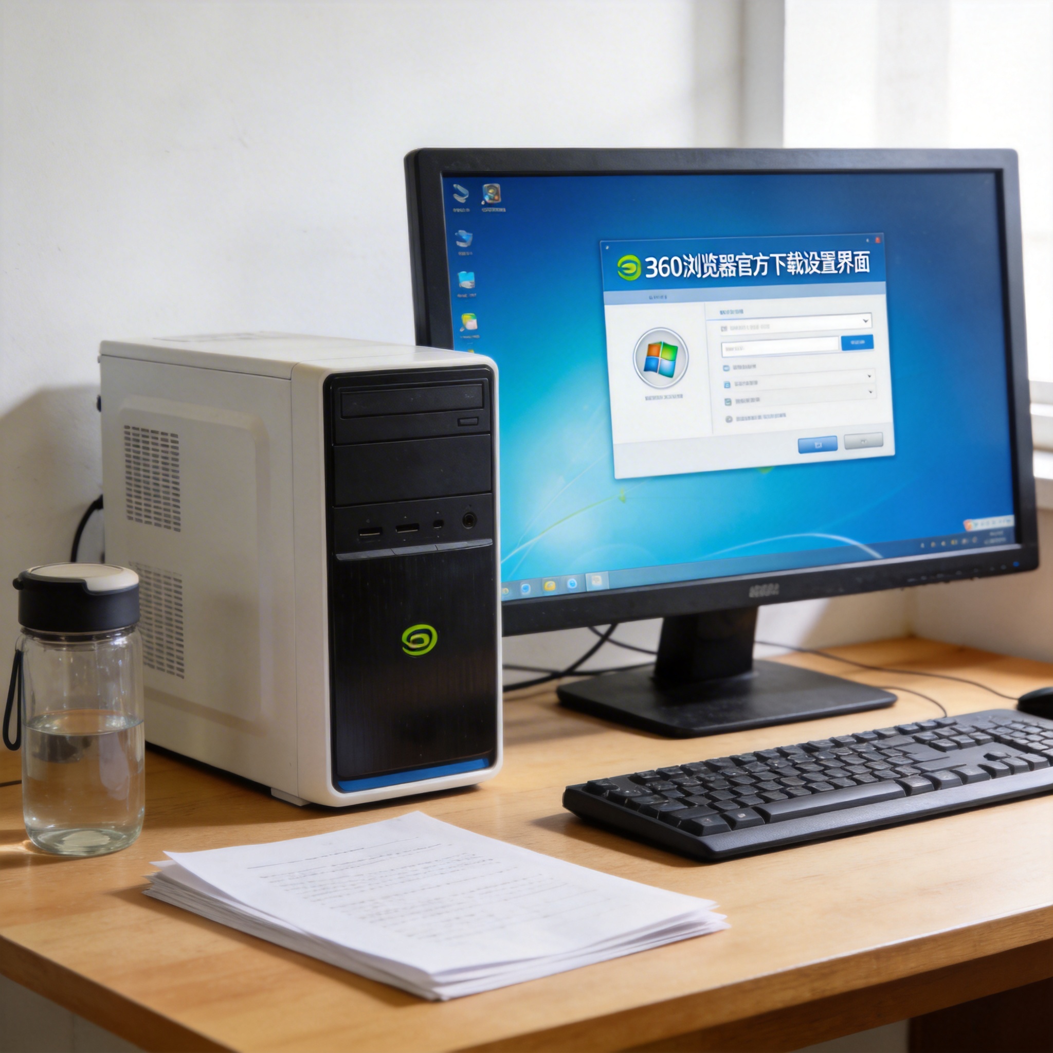 书桌上的主机，屏幕显示360 浏览器官方下载设置界面，桌角放着水杯，自然光