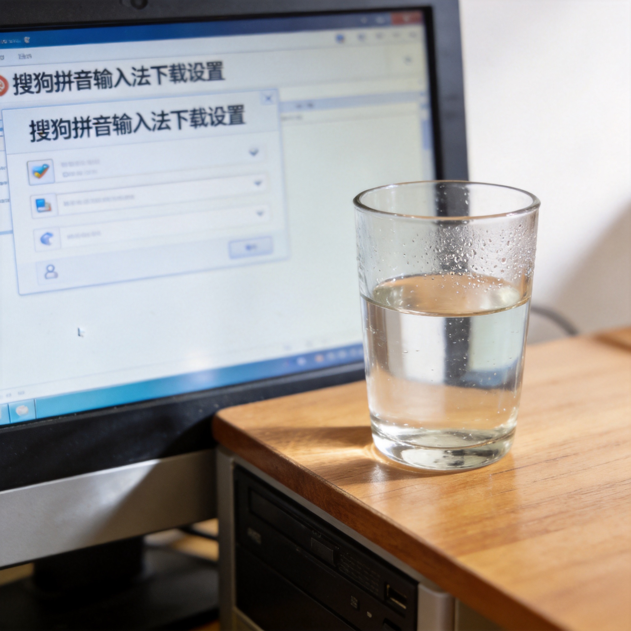 书桌上的主机，屏幕显示搜狗拼音下载设置界面，桌角放着水杯，自然光