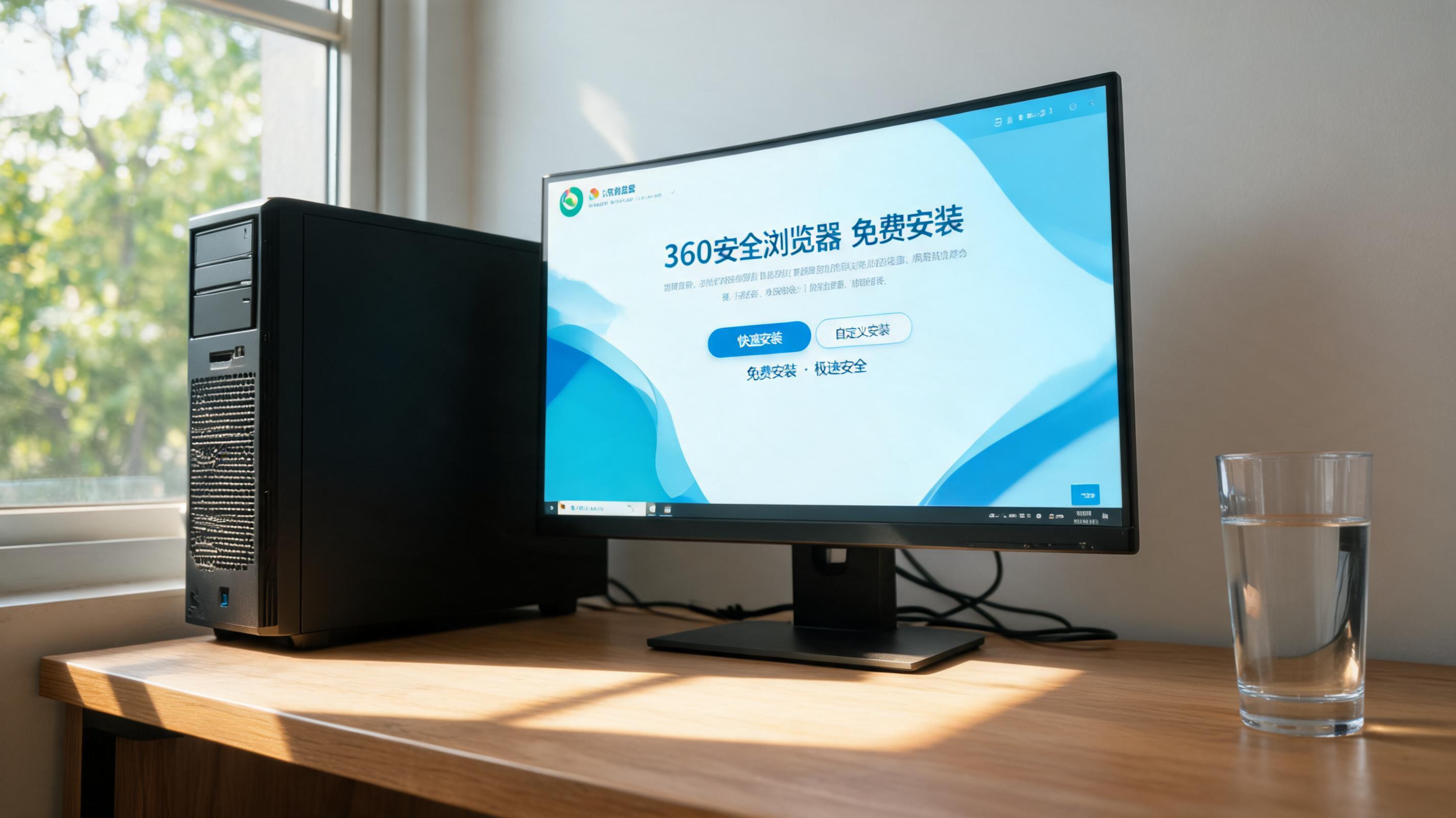 书桌上的主机，屏幕显示360 浏览器免费安装设置界面，桌角放着水杯，自然光