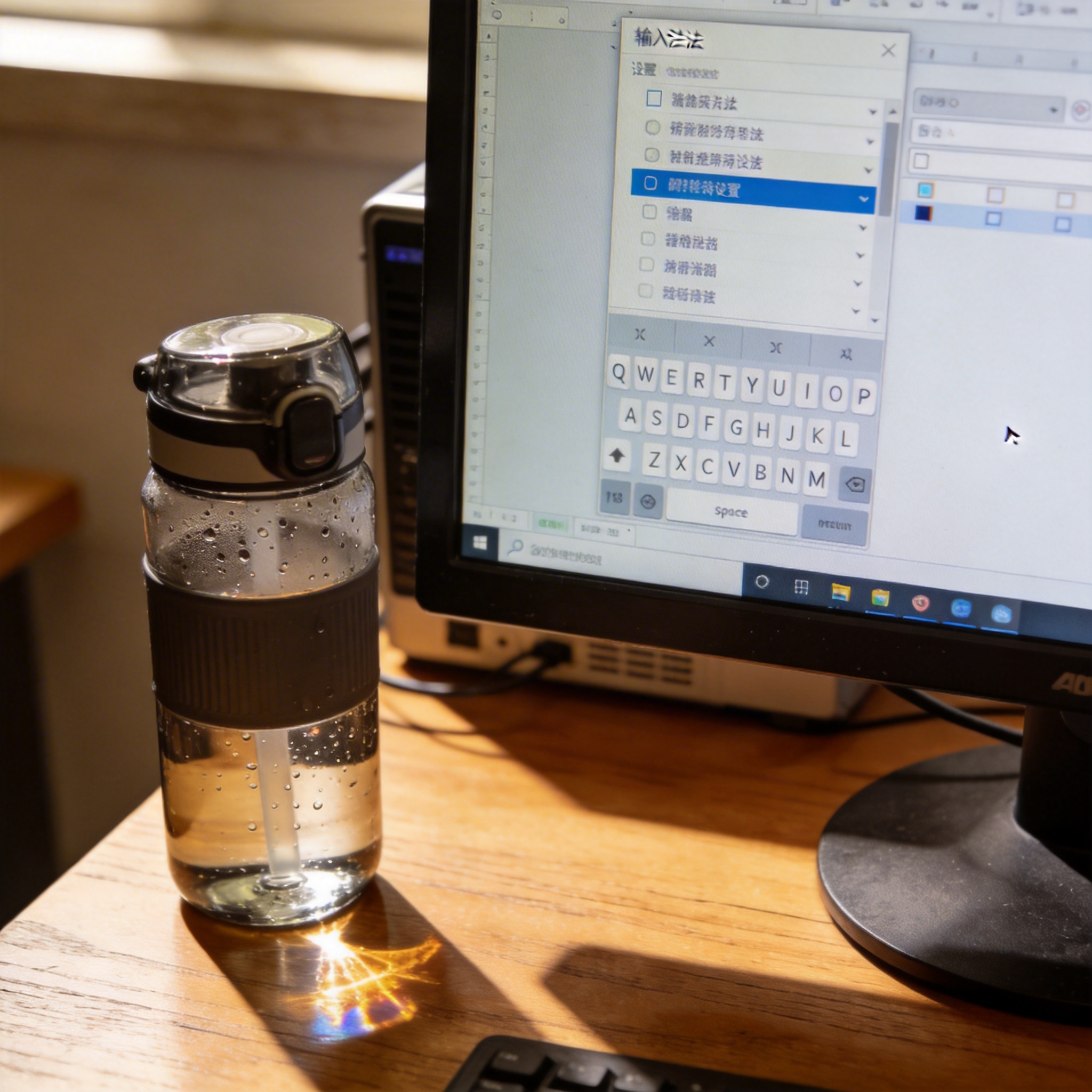 书桌上的主机，屏幕显示输入法设置界面，桌角放着水杯，自然光