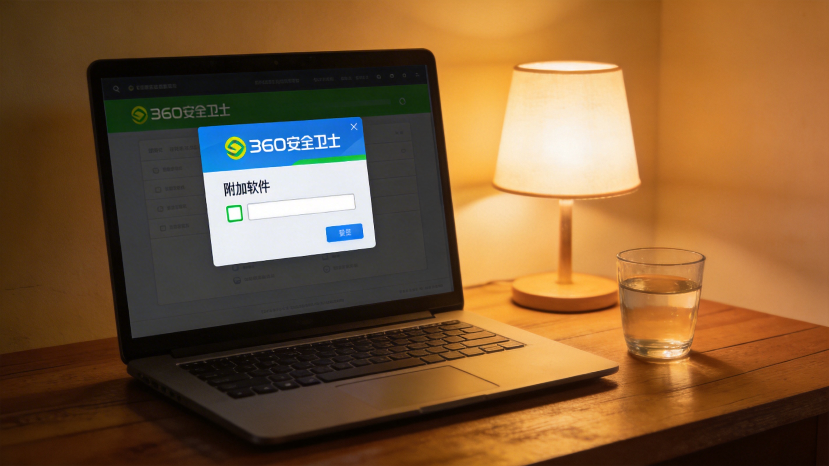 电脑桌面，屏幕显示360安全卫士安装界面，附加软件勾选框处于未勾选状态，旁边放着半杯温水，台灯暖光