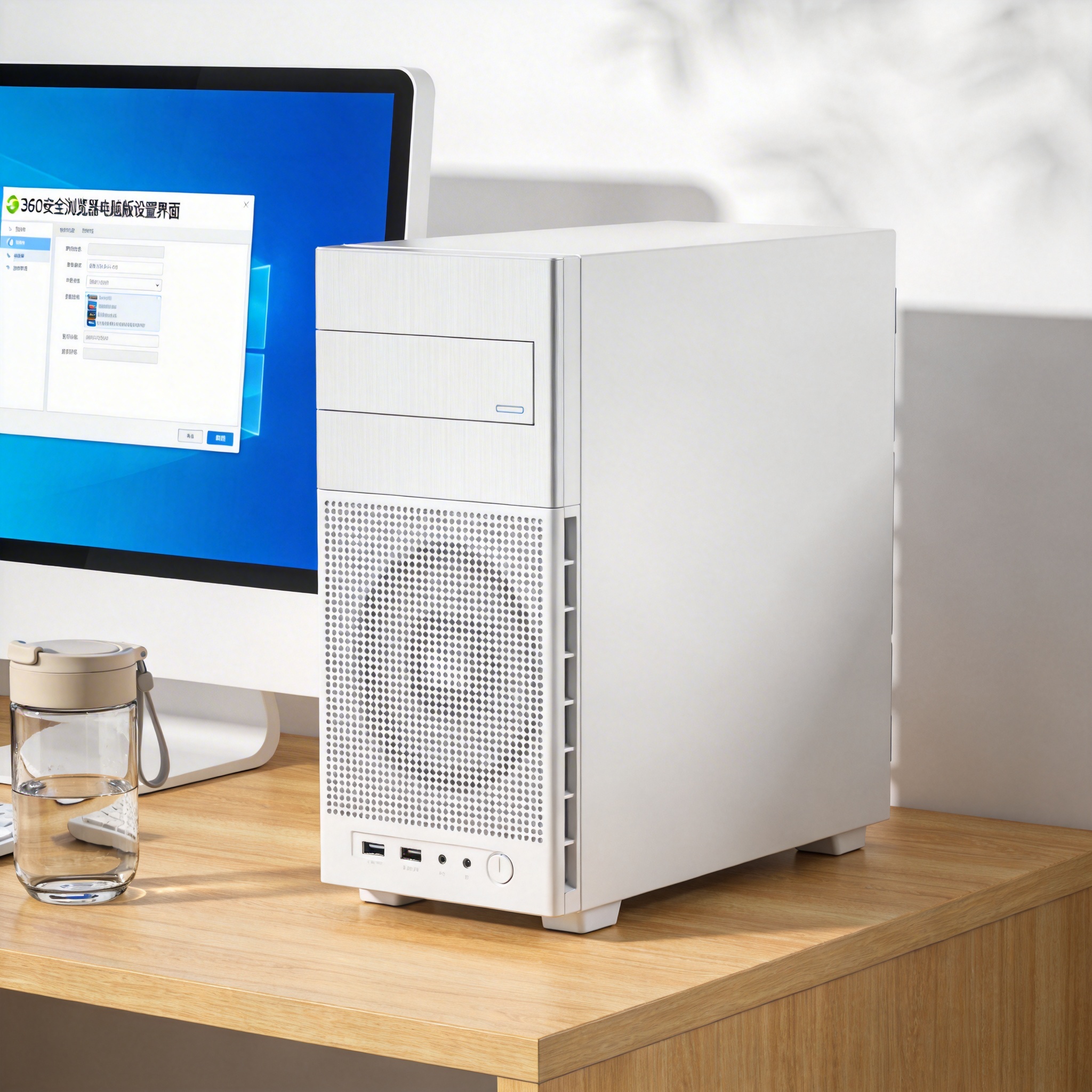 书桌上的主机，屏幕显示360 安全浏览器电脑版设置界面，桌角放着水杯，自然光