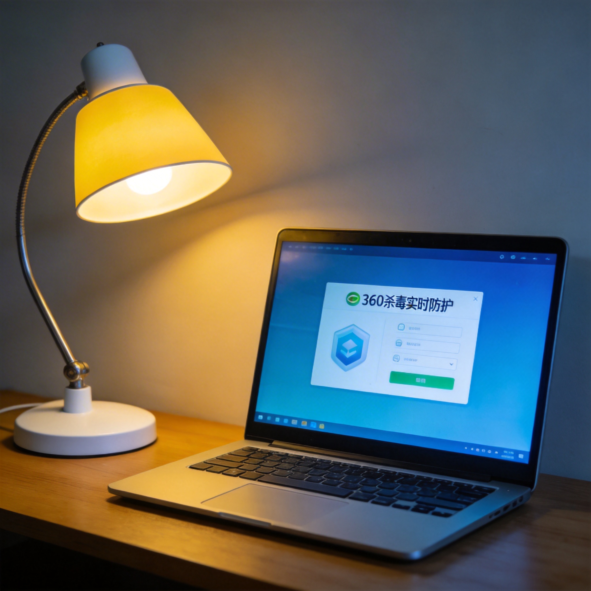 电脑桌上的电脑，屏幕显示360 杀毒实时防护功能界面，旁边放着台灯
