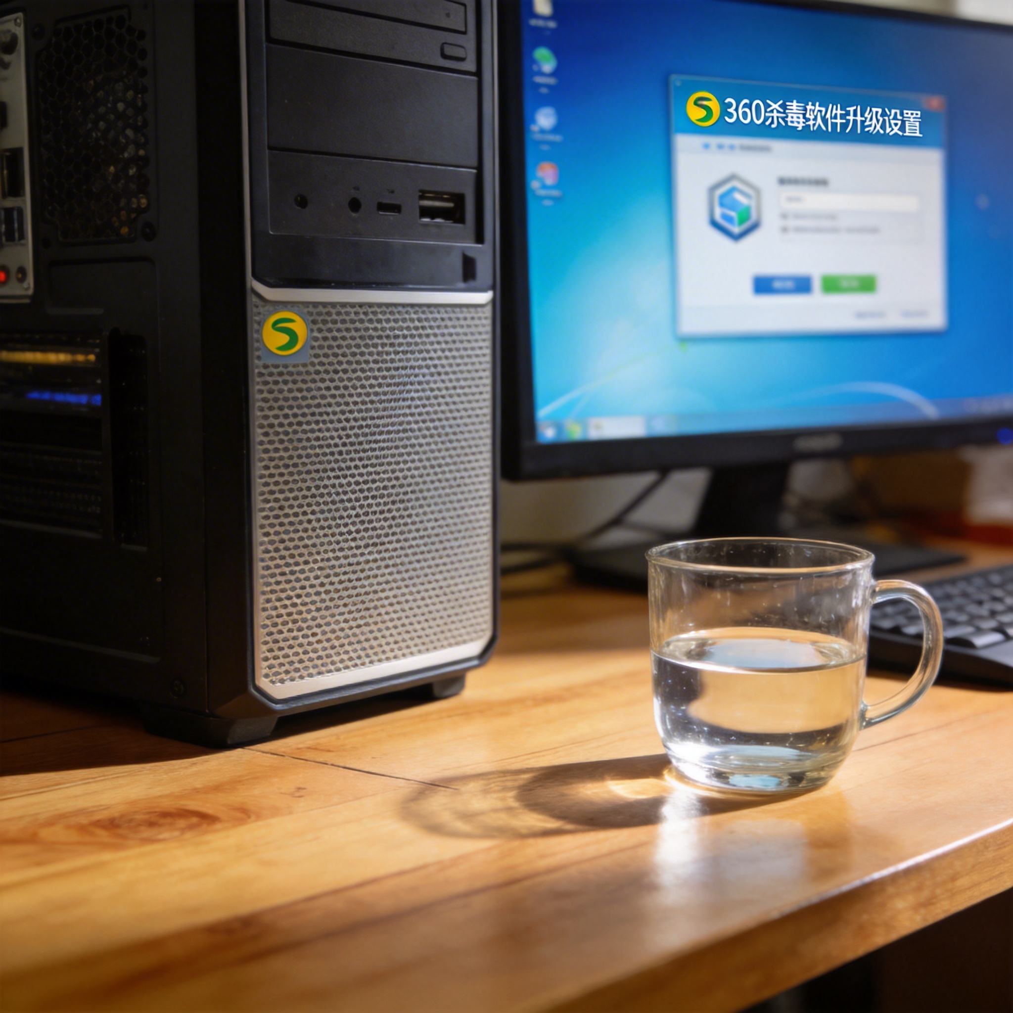 书桌上的主机，屏幕显示360 杀毒软件如何升级设置界面，桌角放着水杯，自然光