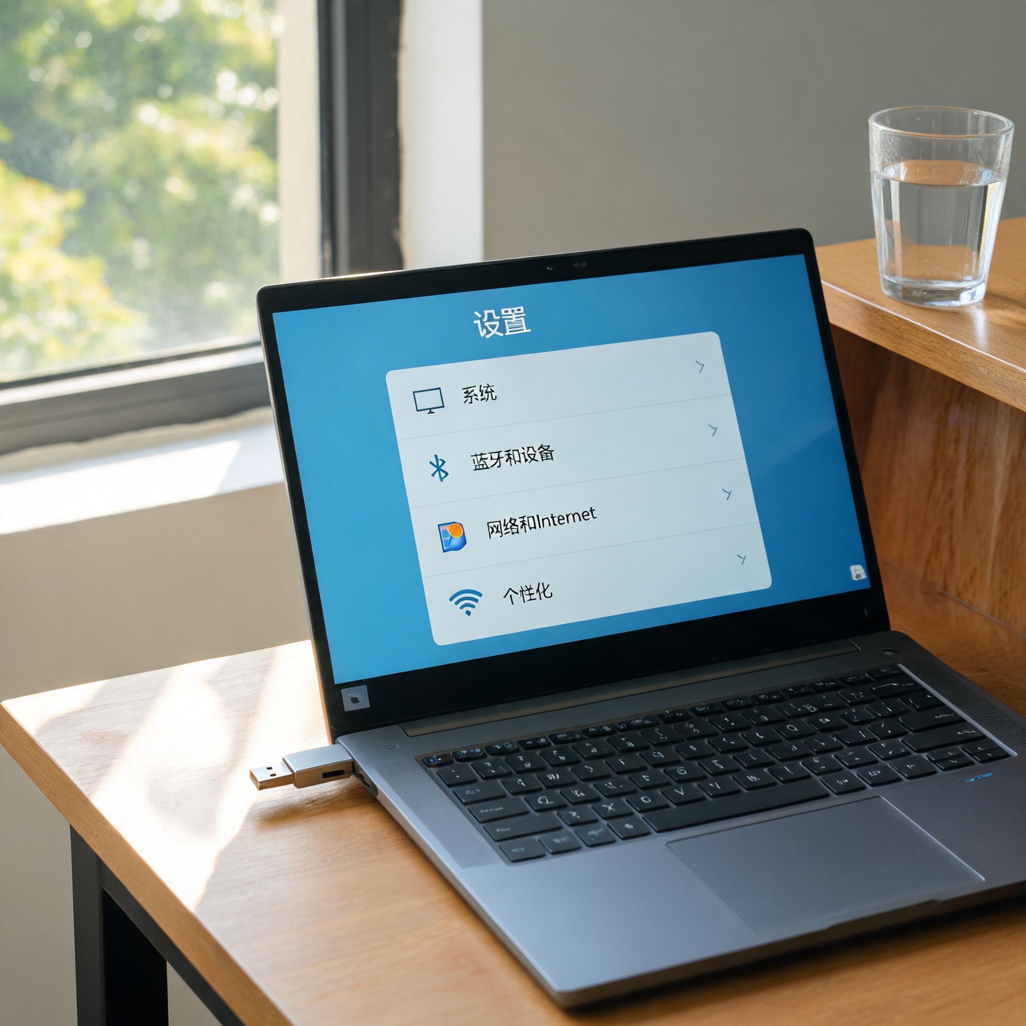 书桌上的U盘，屏幕显示Windows设置界面，桌角放着水杯，自然光