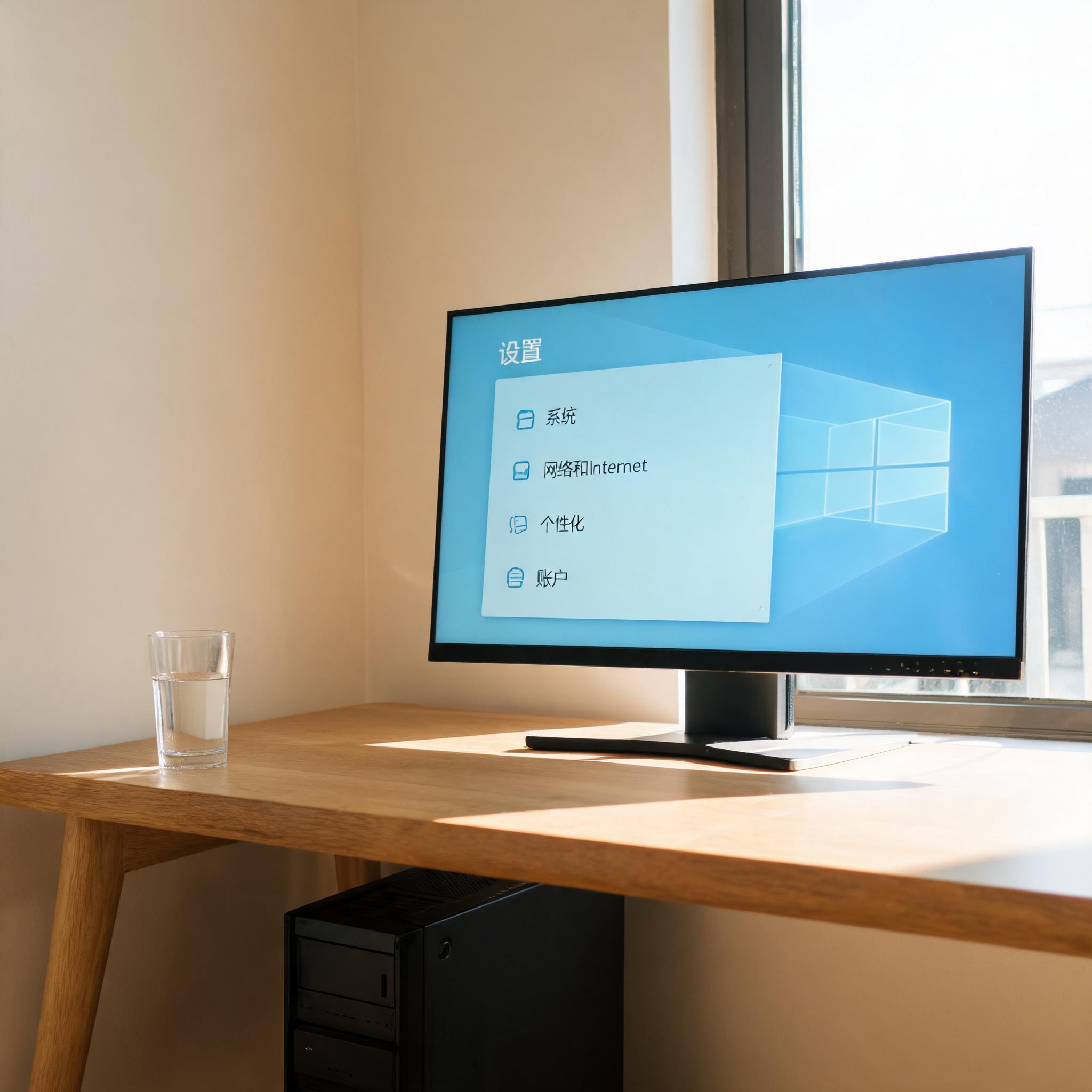 书桌上的主机，屏幕显示Windows设置界面，桌角放着水杯，自然光