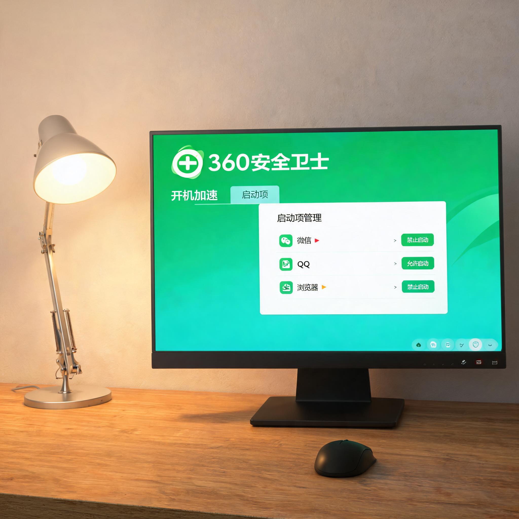 电脑桌上的电脑，屏幕显示360 安全卫士开机加速设置启动项，旁边放着台灯