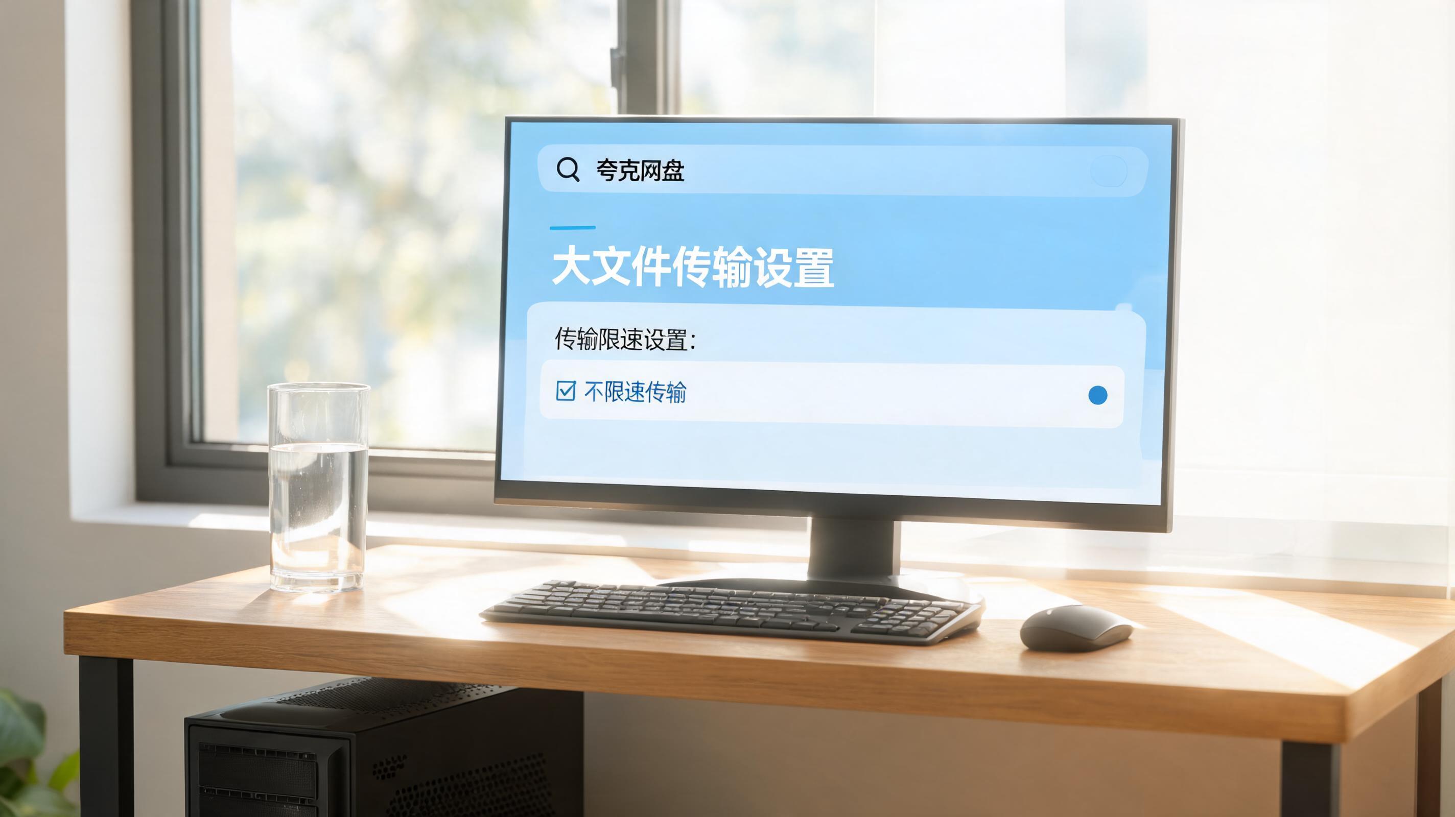 书桌上的主机，屏幕显示夸克网盘大文件传输不限速设置界面，桌角放着水杯，自然光