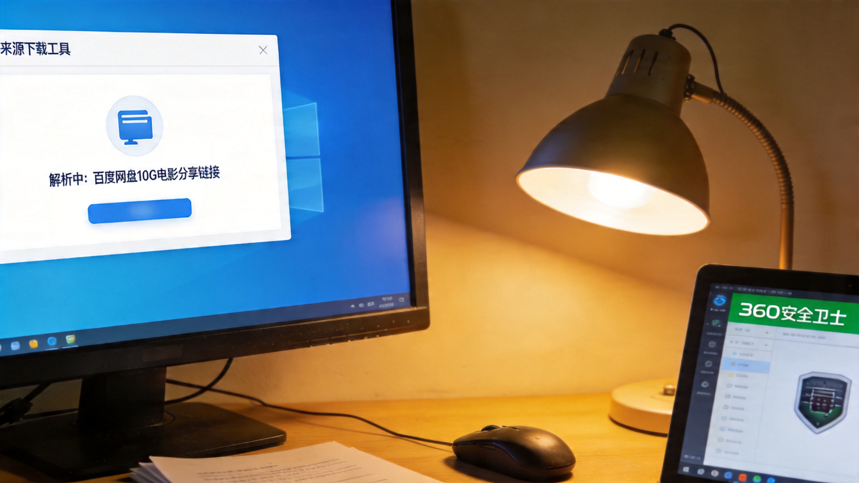 书桌的电脑屏幕显示开源下载工具界面，正在解析百度网盘10G电影分享链接，桌面角落有打开的杀毒软件窗口，台灯暖光