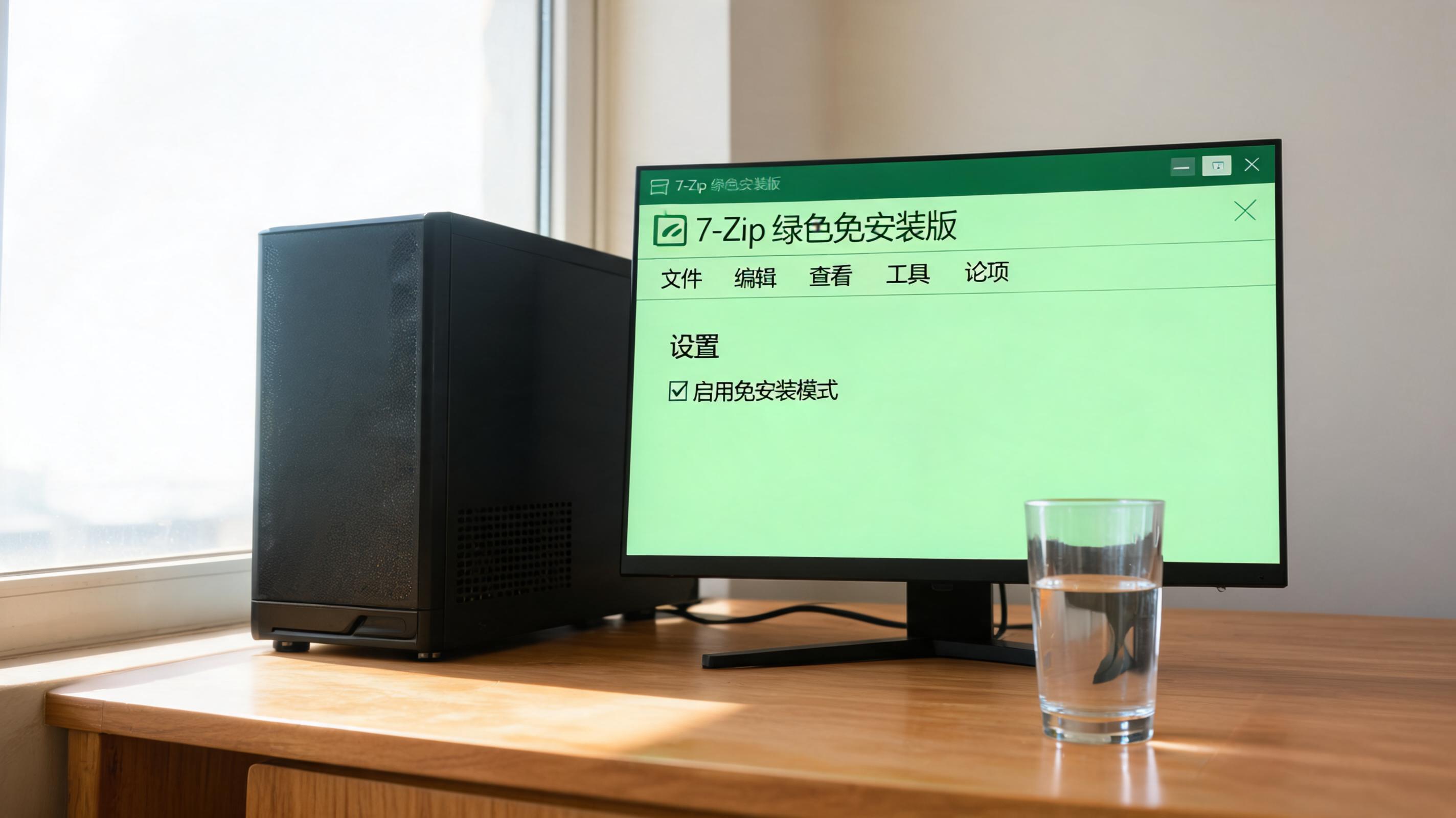书桌上的主机，屏幕显示绿色版解压缩工具免安装设置界面，桌角放着水杯，自然光