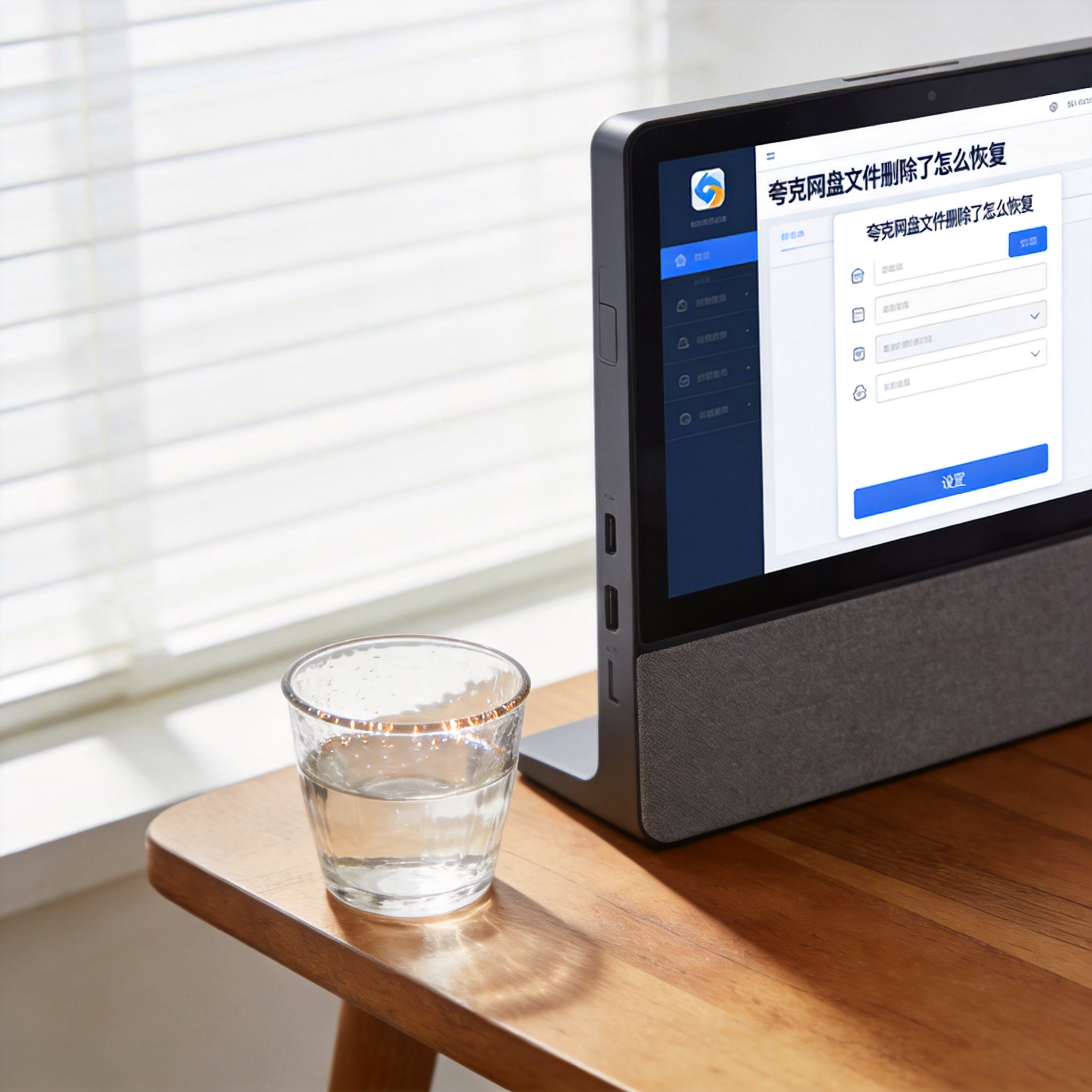 书桌上的主机，屏幕显示夸克网盘文件删除了怎么恢复设置界面，桌角放着水杯，自然光