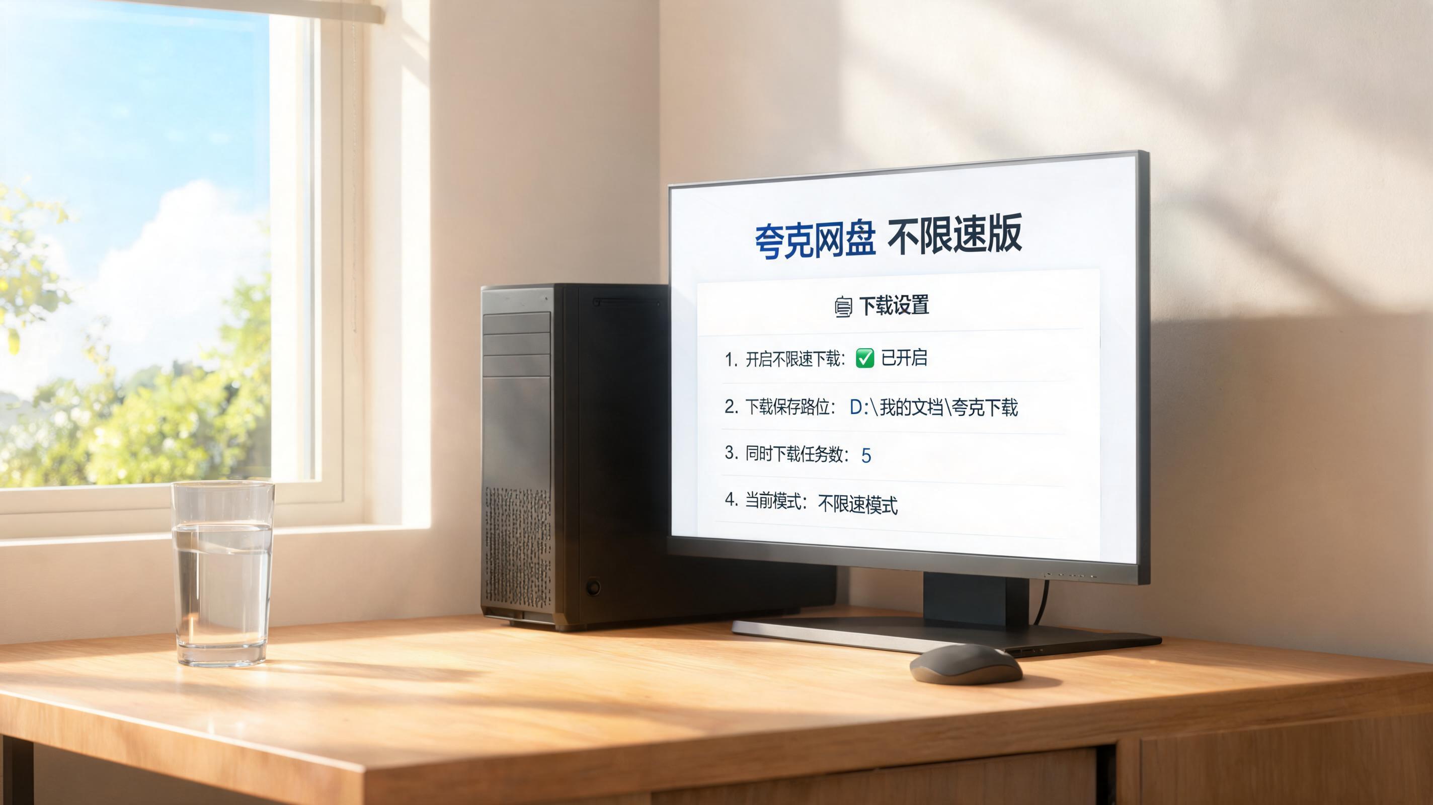 书桌上的主机，屏幕显示夸克网盘不限速版下载设置界面，桌角放着水杯，自然光