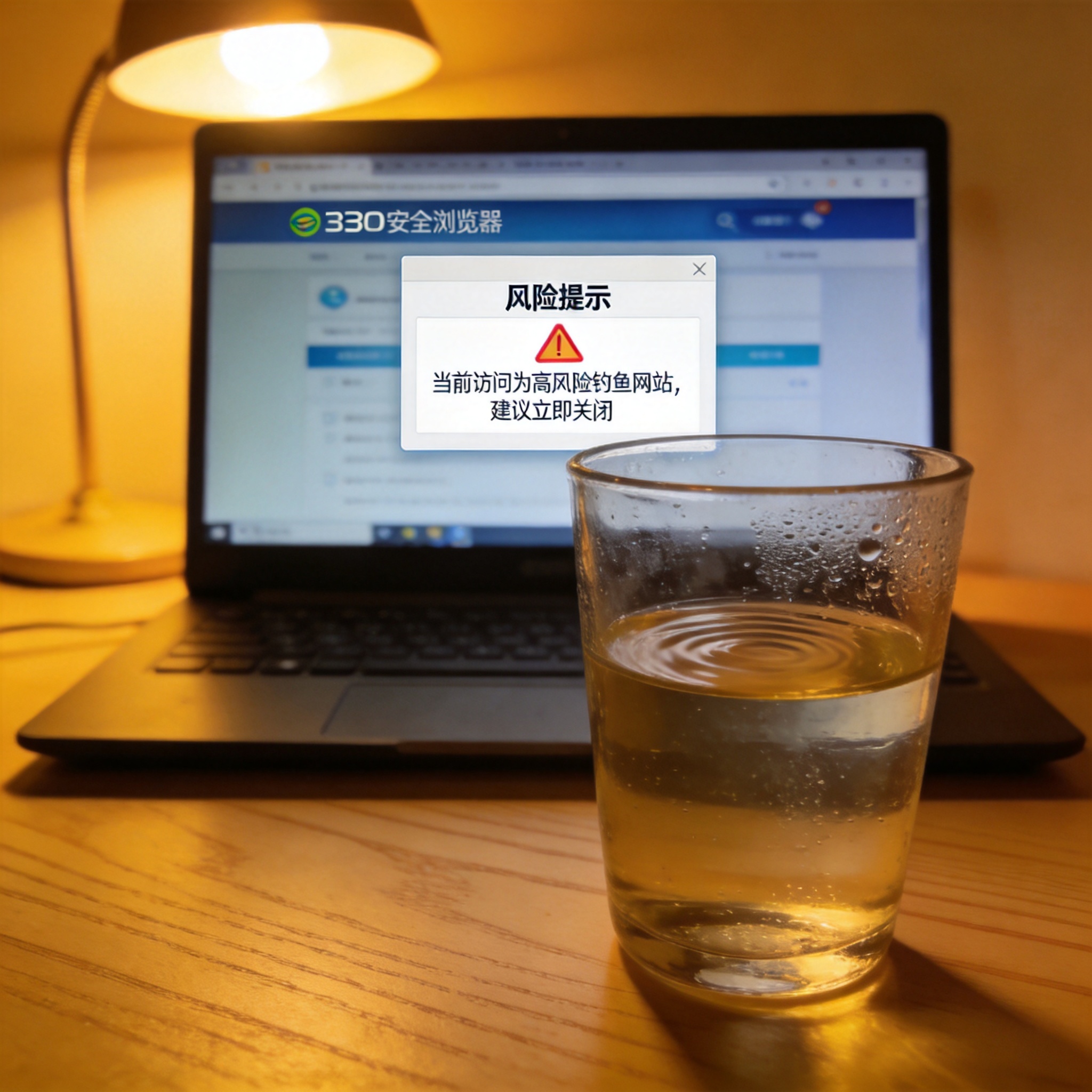 电脑屏幕显示360安全浏览器界面，弹出高风险钓鱼网站的风险提示窗口，旁边放着半杯温水，台灯暖光