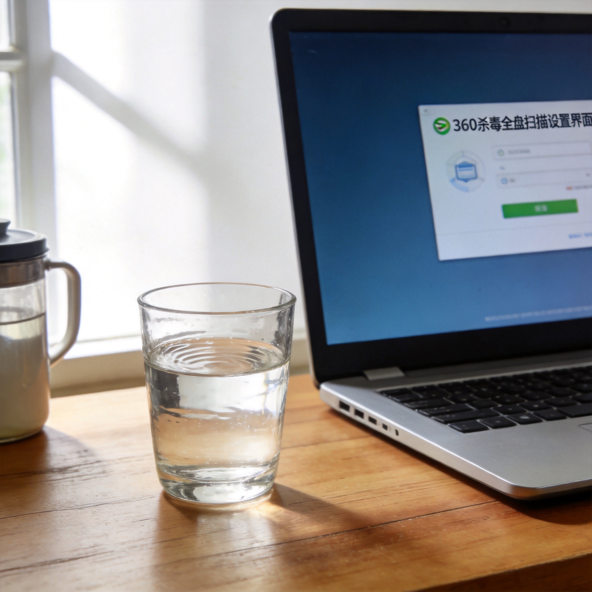 书桌上的电脑，屏幕显示360 杀毒全盘扫描设置界面，桌角放着水杯，自然光