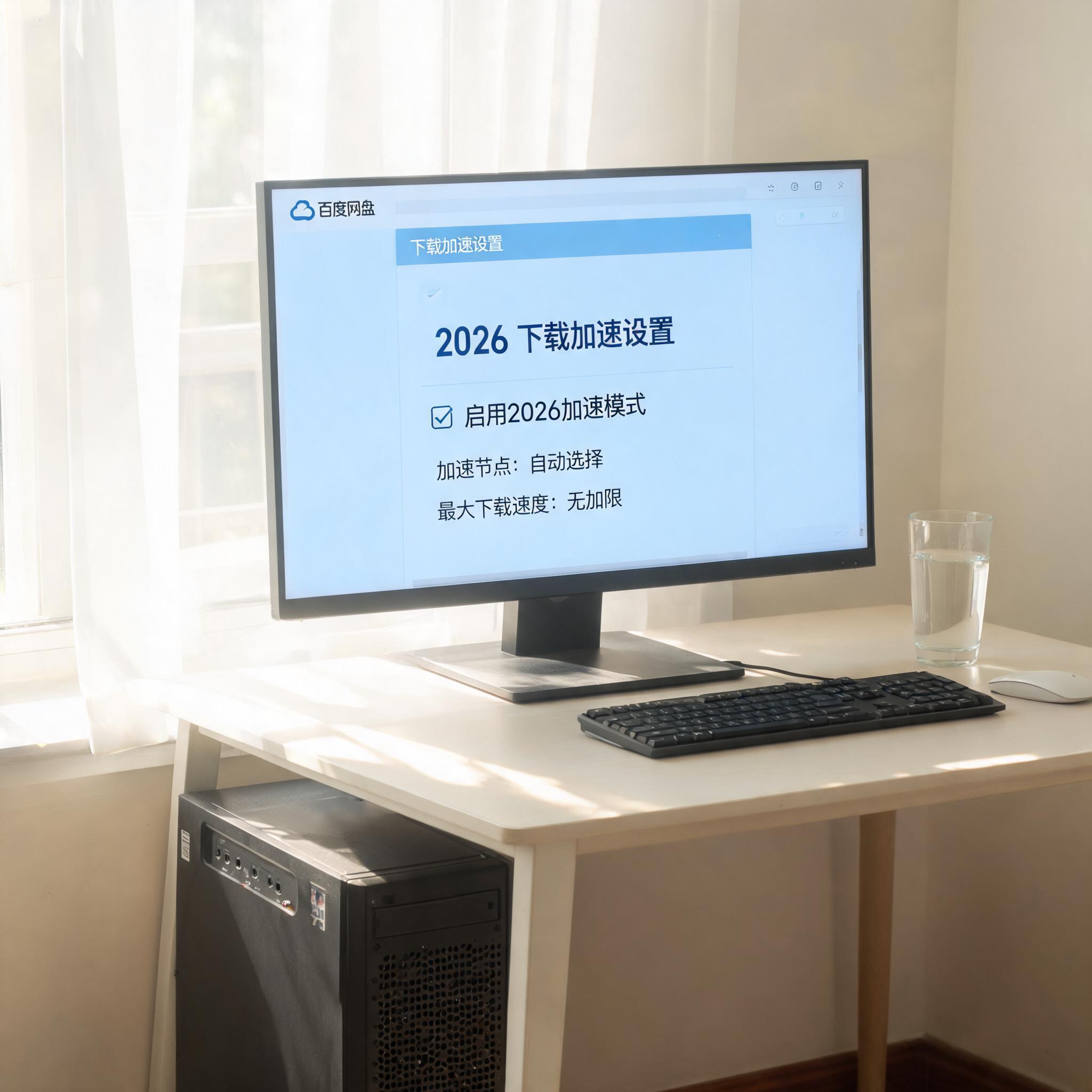 书桌上的主机，屏幕显示百度网盘下载加速 2026设置界面，桌角放着水杯，自然光