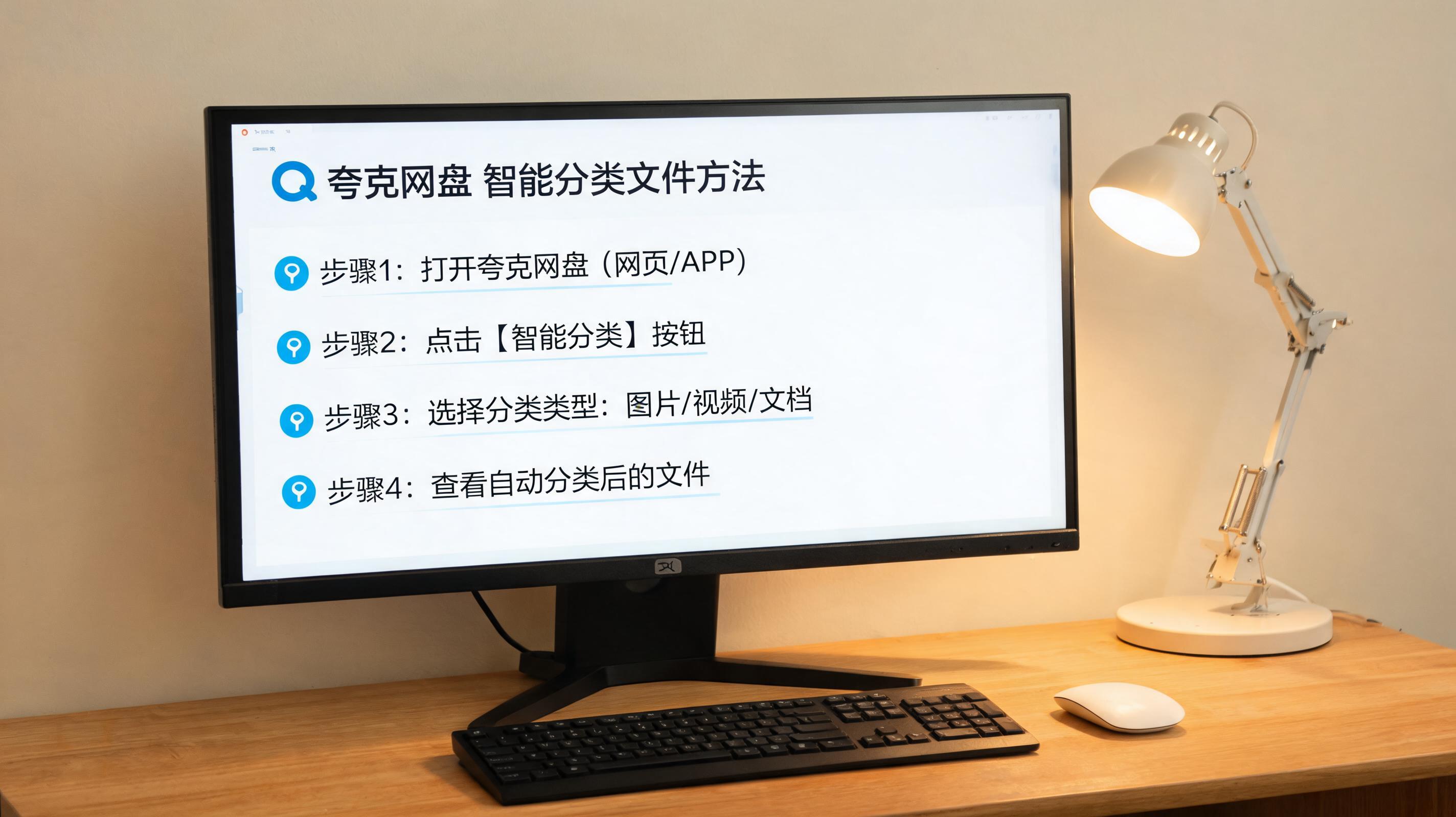 电脑桌上的电脑，屏幕显示夸克网盘智能分类文件方法界面，旁边放着台灯