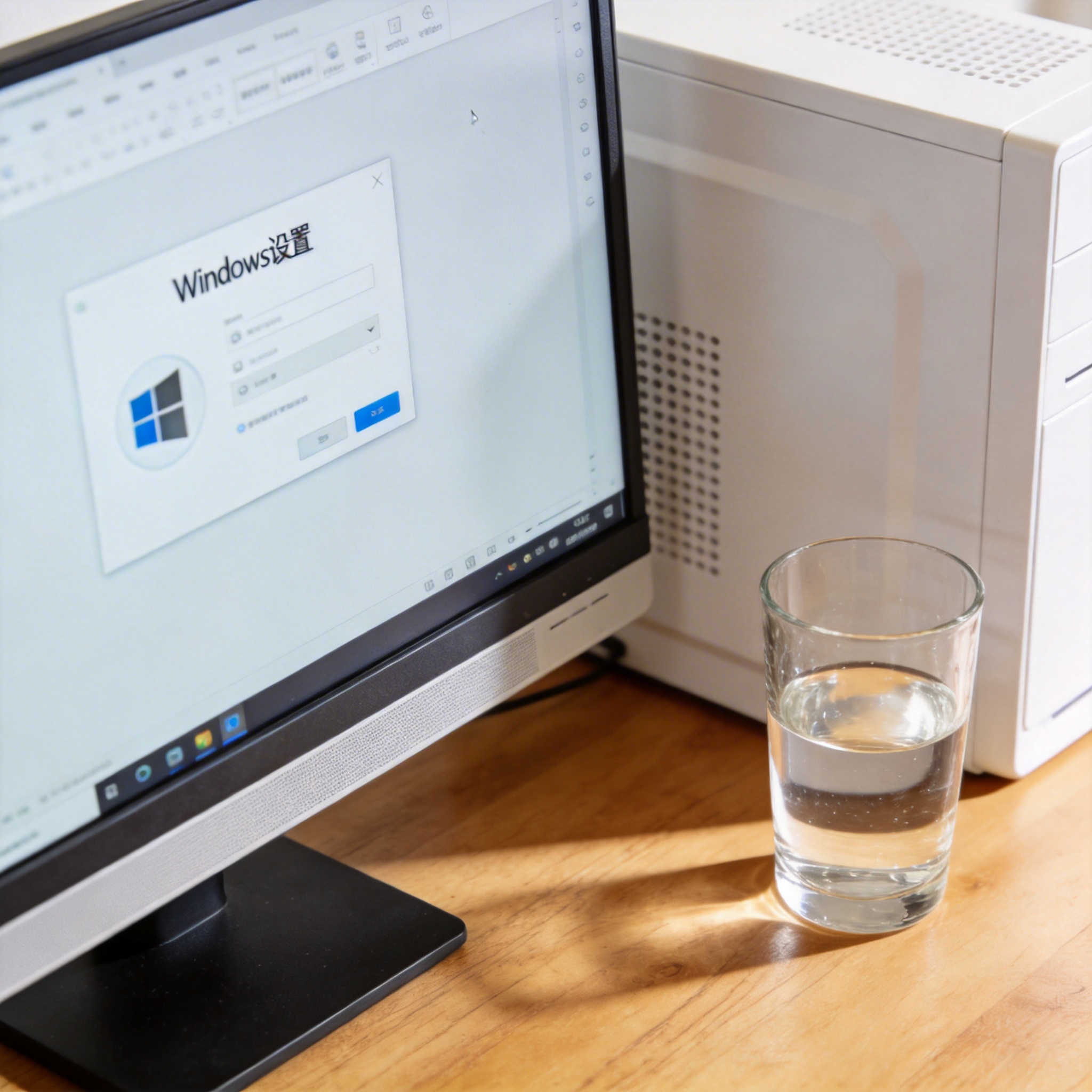 书桌上的主机，屏幕显示Windows设置界面，桌角放着水杯，自然光