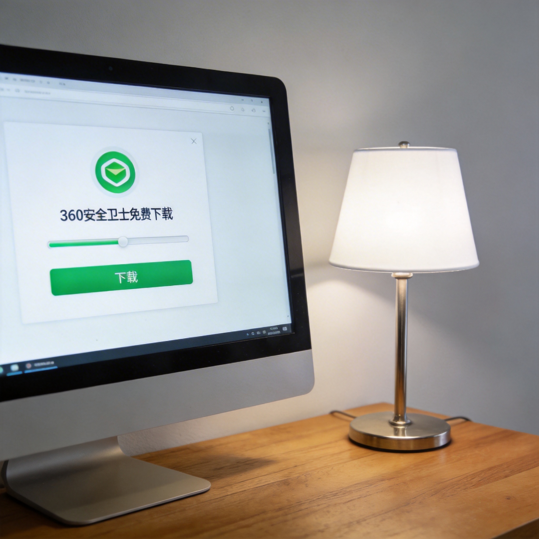 电脑桌上的电脑，屏幕显示360 安全卫士免费下载界面，旁边放着台灯