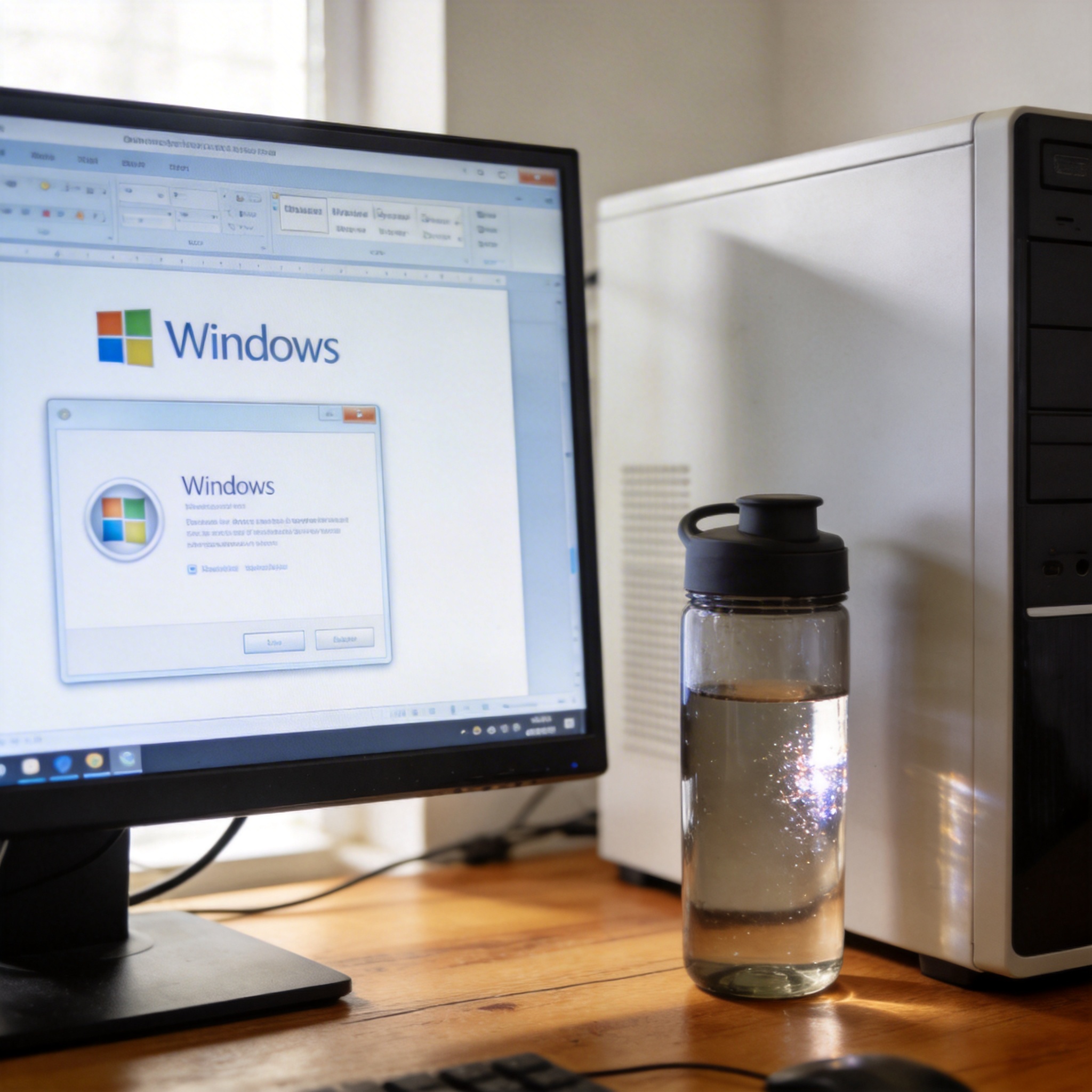 书桌上的主机，屏幕显示Windows设置界面，桌角放着水杯，自然光