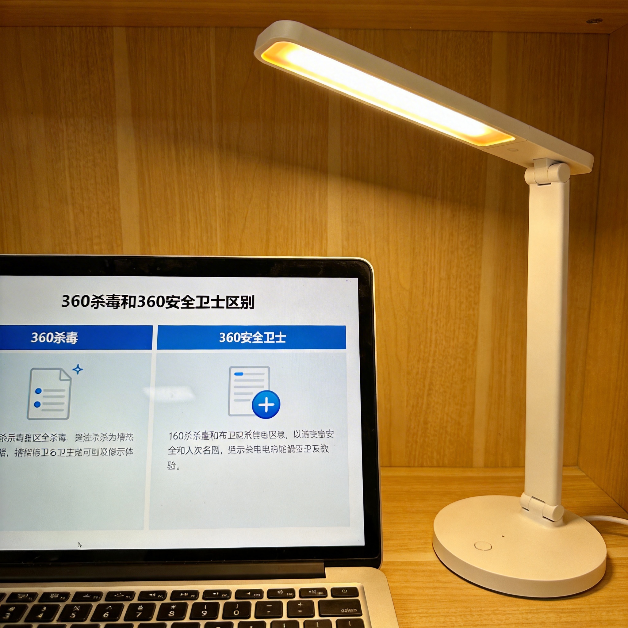电脑桌上的电脑，屏幕显示360 杀毒和 360 安全卫士区别界面，旁边放着台灯