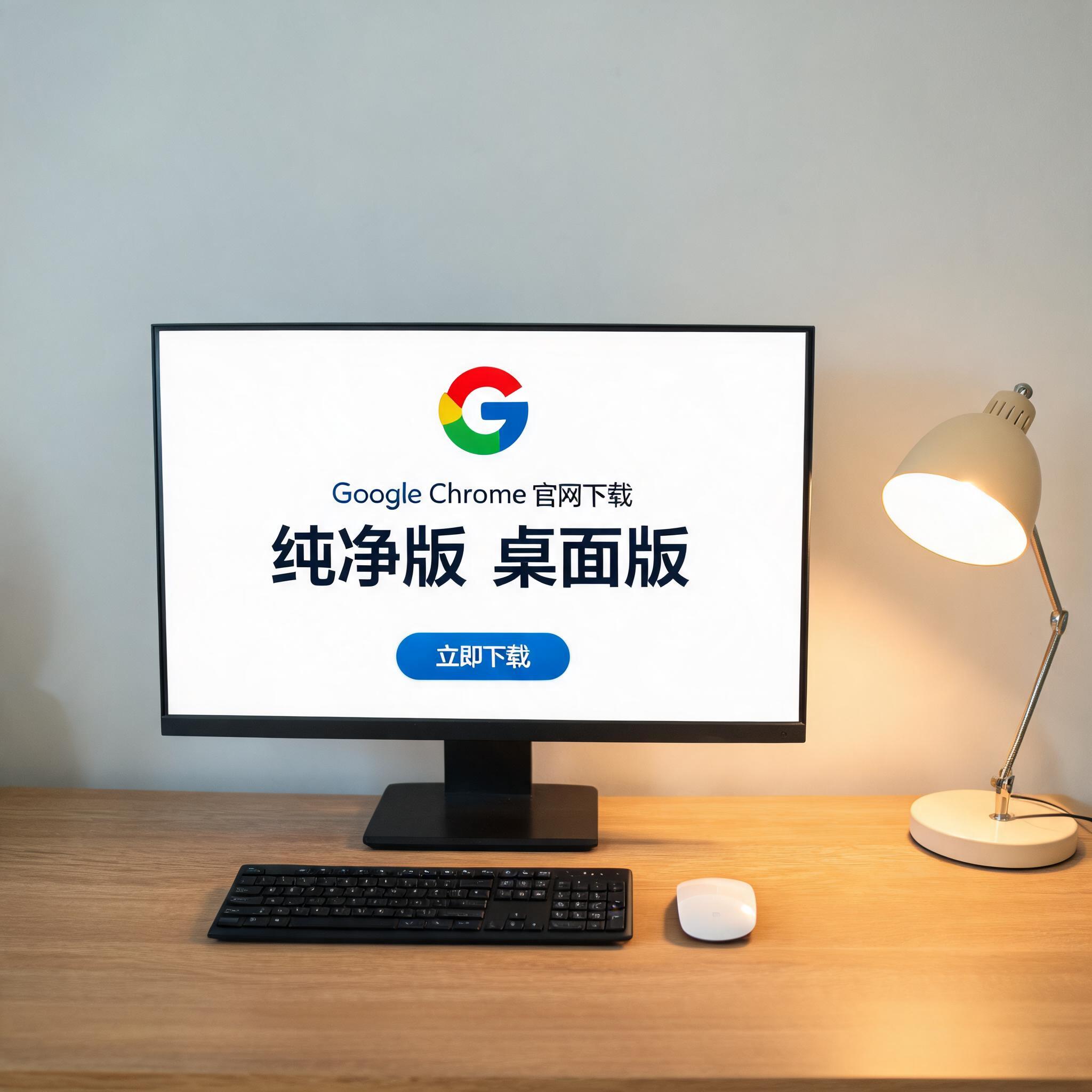 电脑桌上的电脑，屏幕显示guge浏览器官网下载纯净版桌面，旁边放着台灯