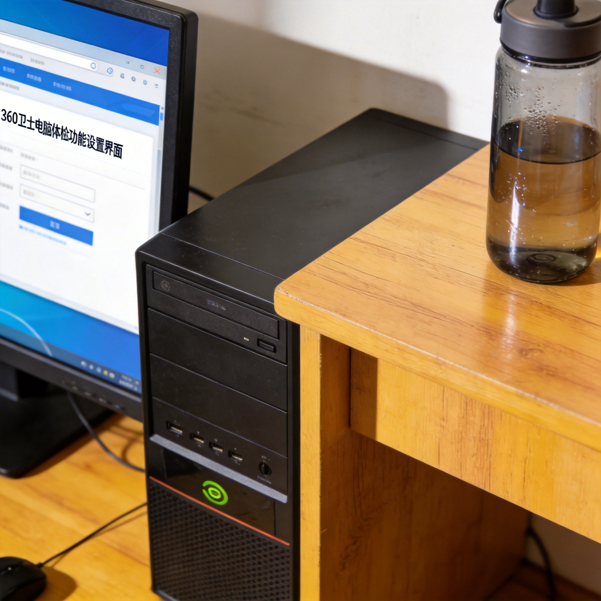 书桌上的主机，屏幕显示360 卫士电脑体检功能设置界面，桌角放着水杯，自然光