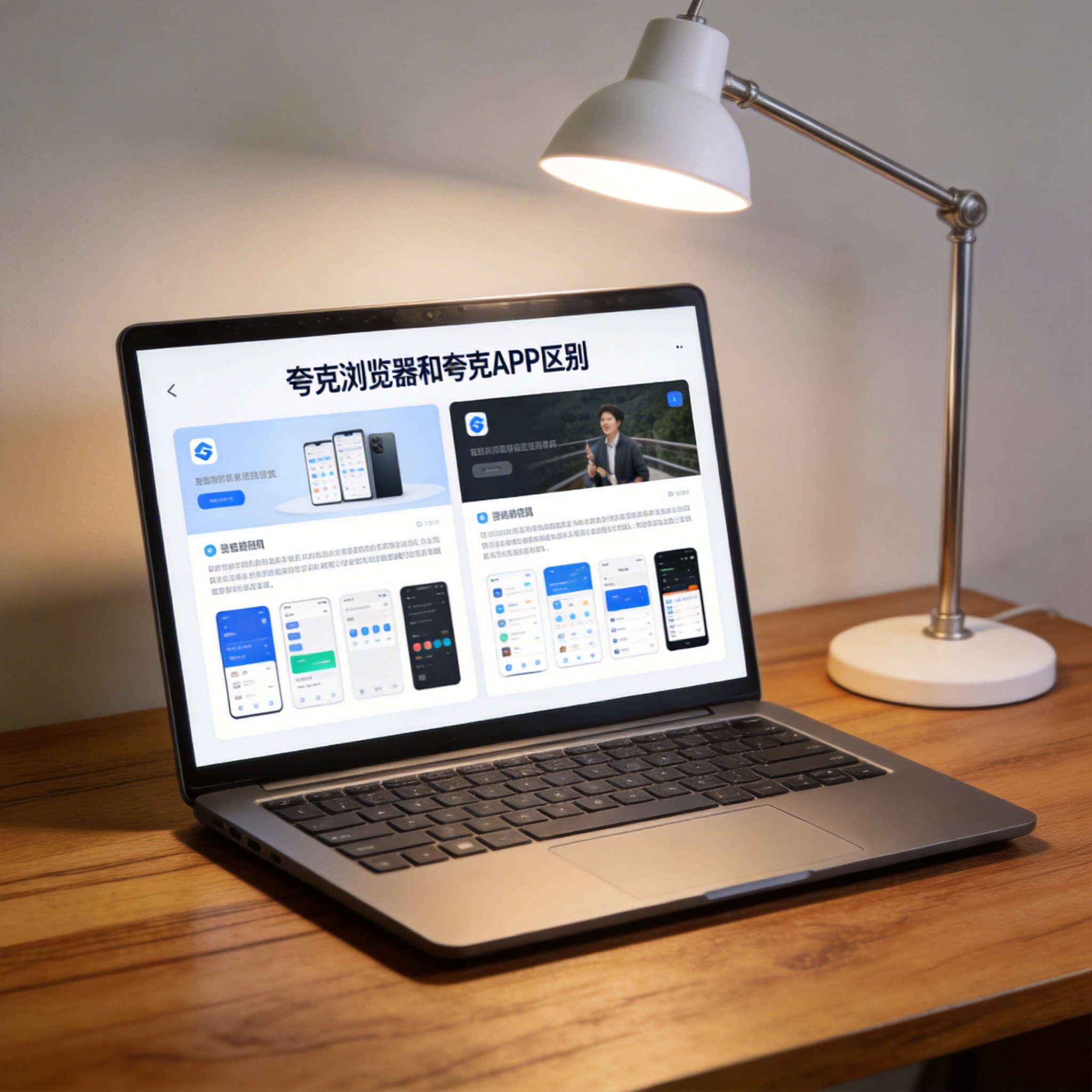 电脑桌上的电脑，屏幕显示夸克浏览器和夸克 APP 区别界面，旁边放着台灯