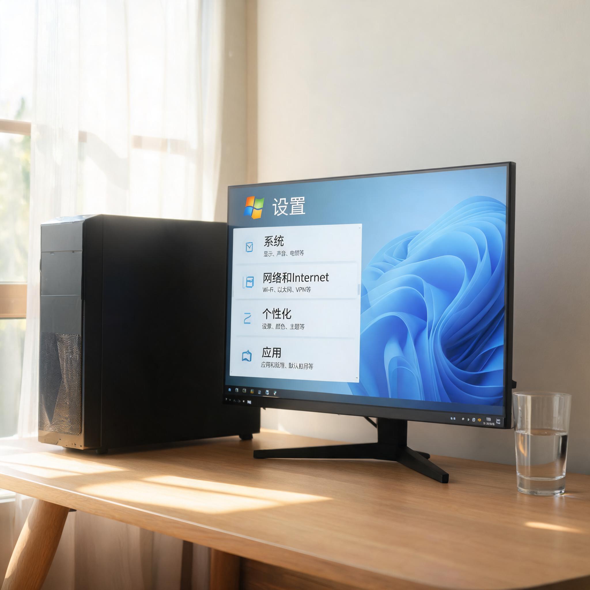 书桌上的主机，屏幕显示Windows设置界面，桌角放着水杯，自然光