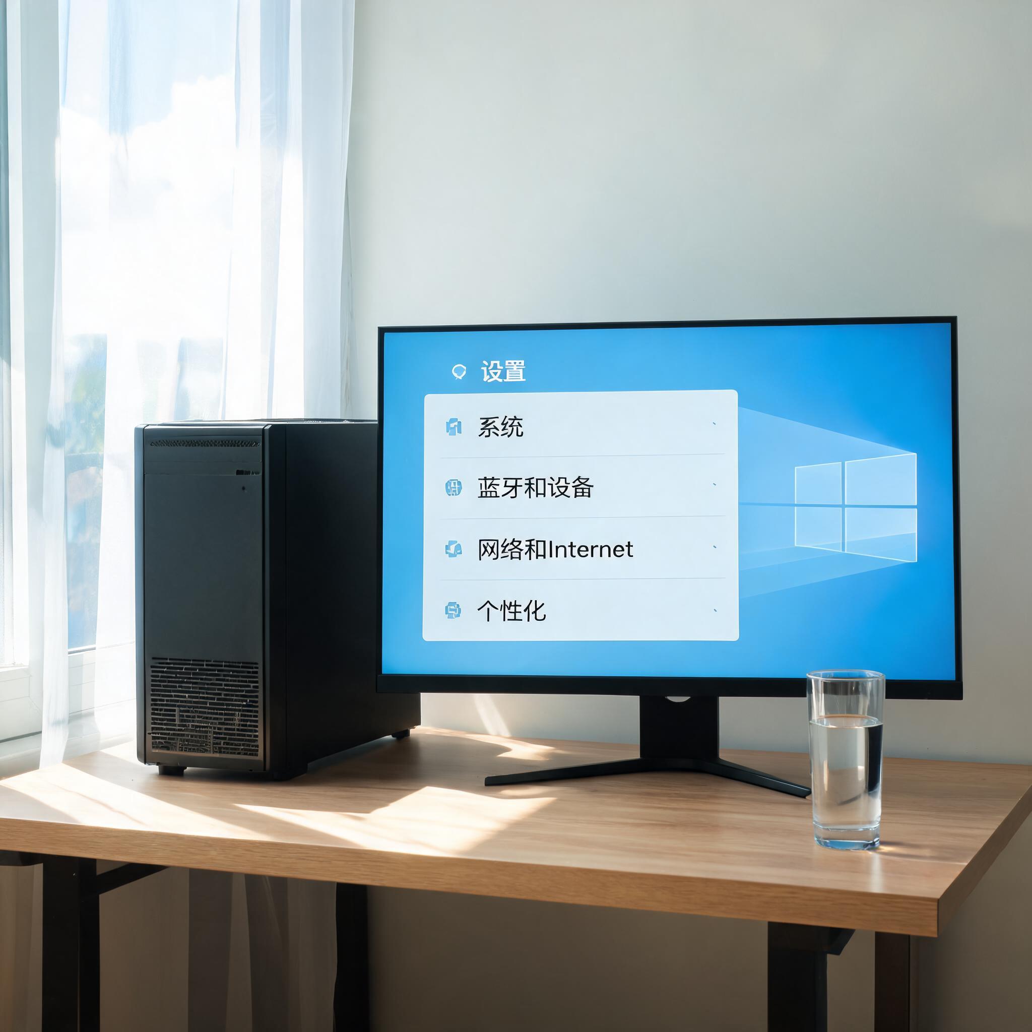 书桌上的主机，屏幕显示Windows设置界面，桌角放着水杯，自然光