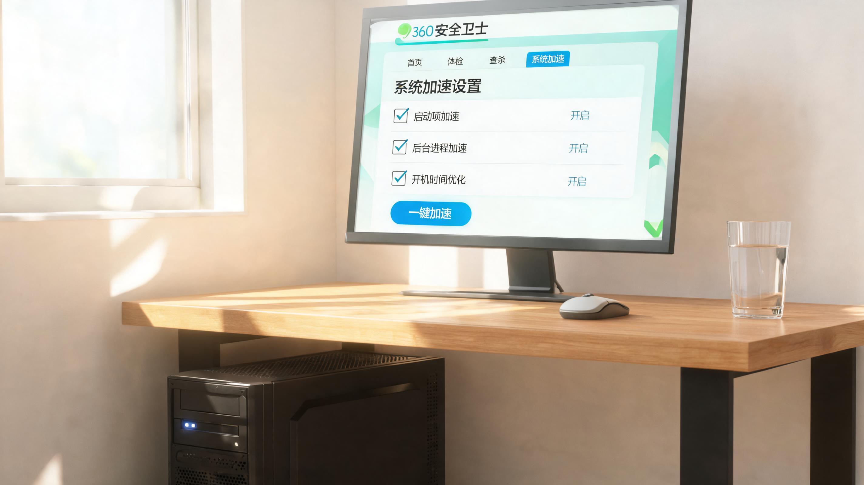 书桌上的主机，屏幕显示360 安全卫士系统加速设置界面，桌角放着水杯，自然光