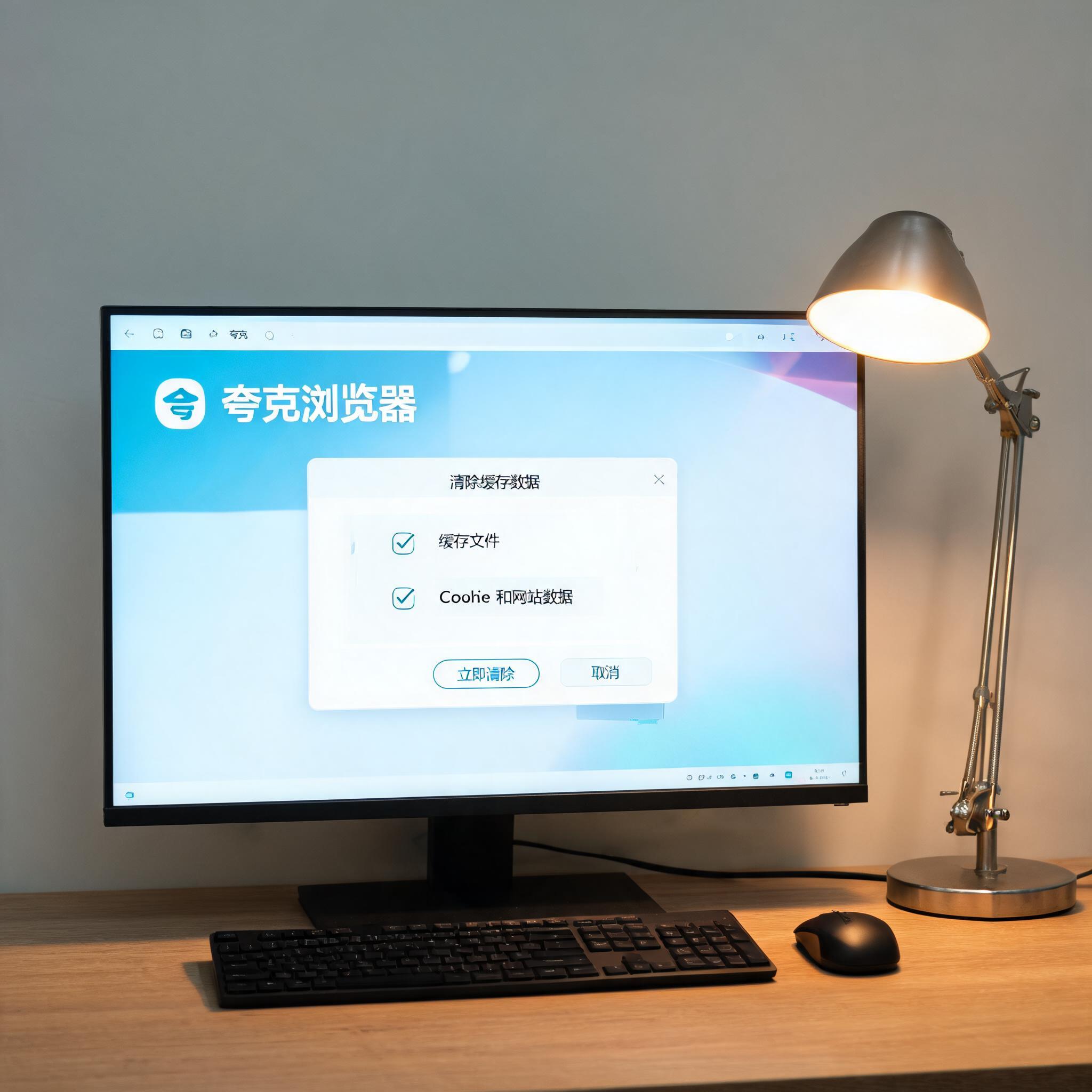 电脑桌上的电脑，屏幕显示夸克浏览器怎么清除缓存数据窗口，旁边放着台灯